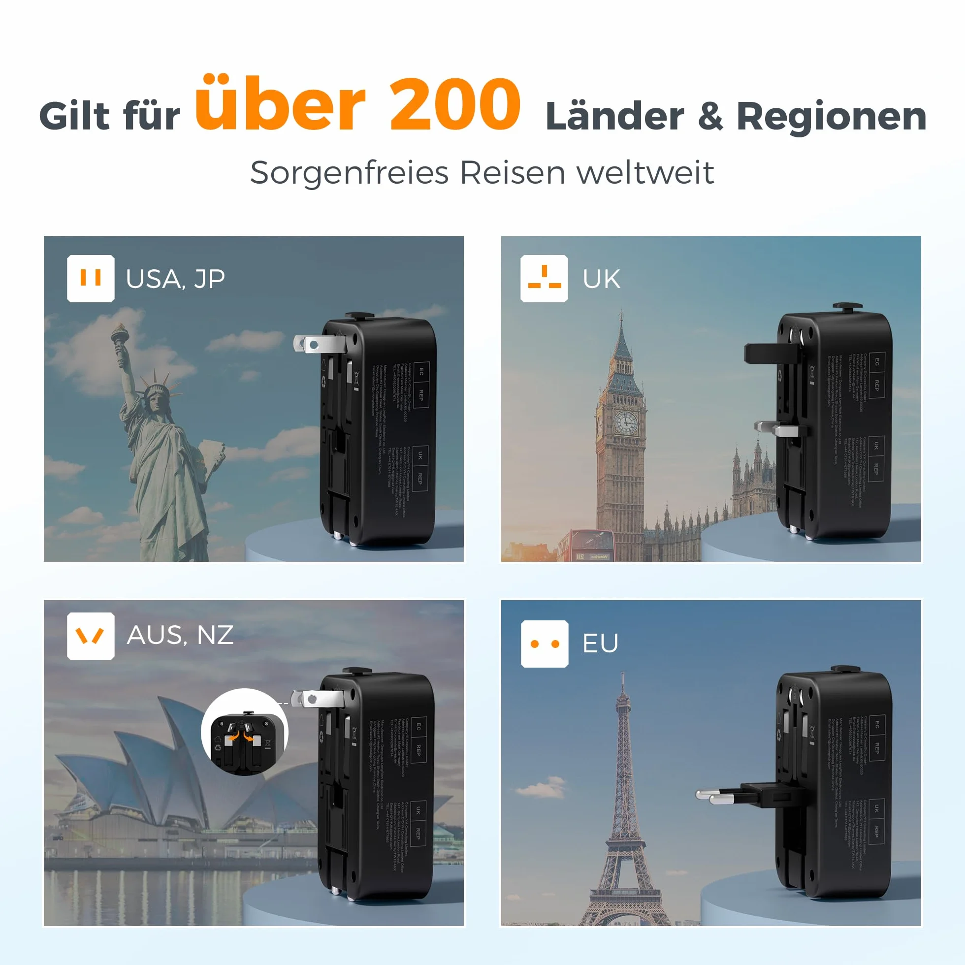 TESSAN Adapter podróżny USB C(20W), travel adapter worldwide z 2 USB C i 1 USB A, adapter USA, przejsciowka EU na UK, wtyczka do USA, Wielka Brytania, Japonia, Tajlandia, Australia, Chiny, Brazylia