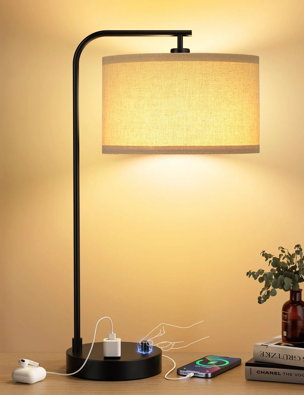 Wysoka lampa stołowa z portem USB i gniazdkiem, ściemniana lampka nocna z lnianym kloszem, lampa biurkowa do sypialni, salonu, pokoju gościnnego, domowego biura, żarówka LED w zestawie