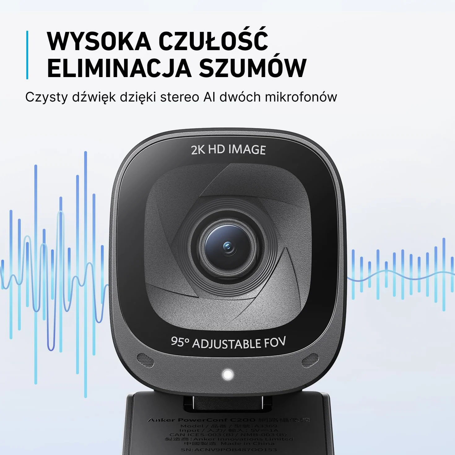 Anker PowerConf C200 2K kamera internetowa z redukcją szumów AI, mikrofony stereo, regulowane pole widzenia