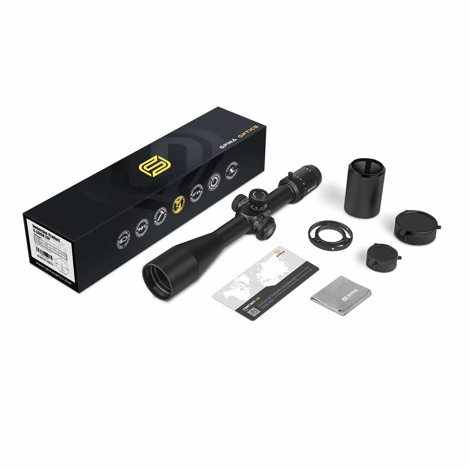 SPINA OPTICS 6-24x50 FFP II Celownik optyczny Pierwsza płaszczyzna ogniskowa Celownik z siatką MRAD Precision Tree i osłoną przeciwsłoneczną