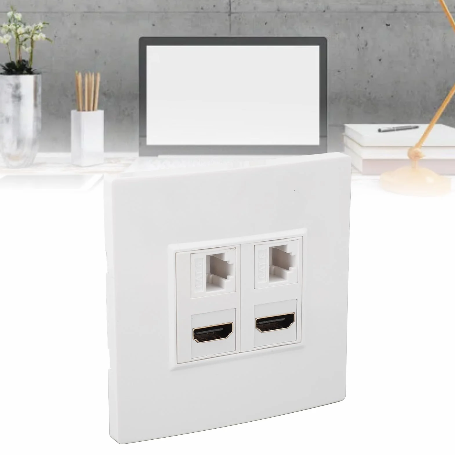 Płyta ścienna HDMI CAT6 Ethernet, 4-portowy Multimedialny Panel Informacyjny, 2 Złącza HDMI 2 CAT6, do Komputerów, Telewizorów, Dysków Twardych, Projektorów, Pasuje do