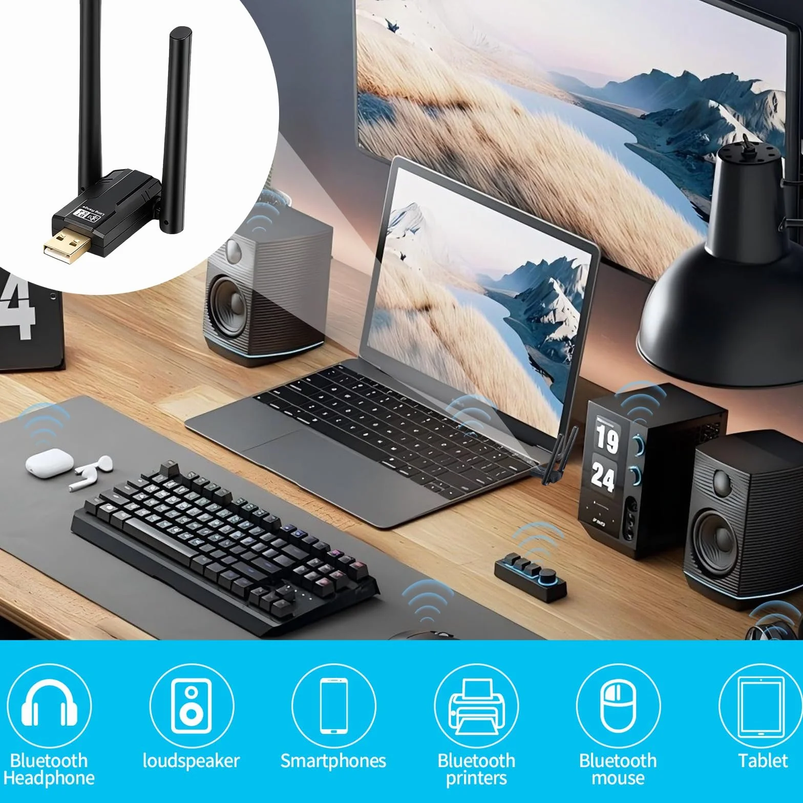 Dongle Bluetooth 5.4, długodystansowy adapter Bluetooth USB 150 m Multi-Directional Bluetooth antena Niska latencja do komputera Laptop Słuchawki Mysz Kontroler Smartfon Tablet Windows 11/10/8.1/7