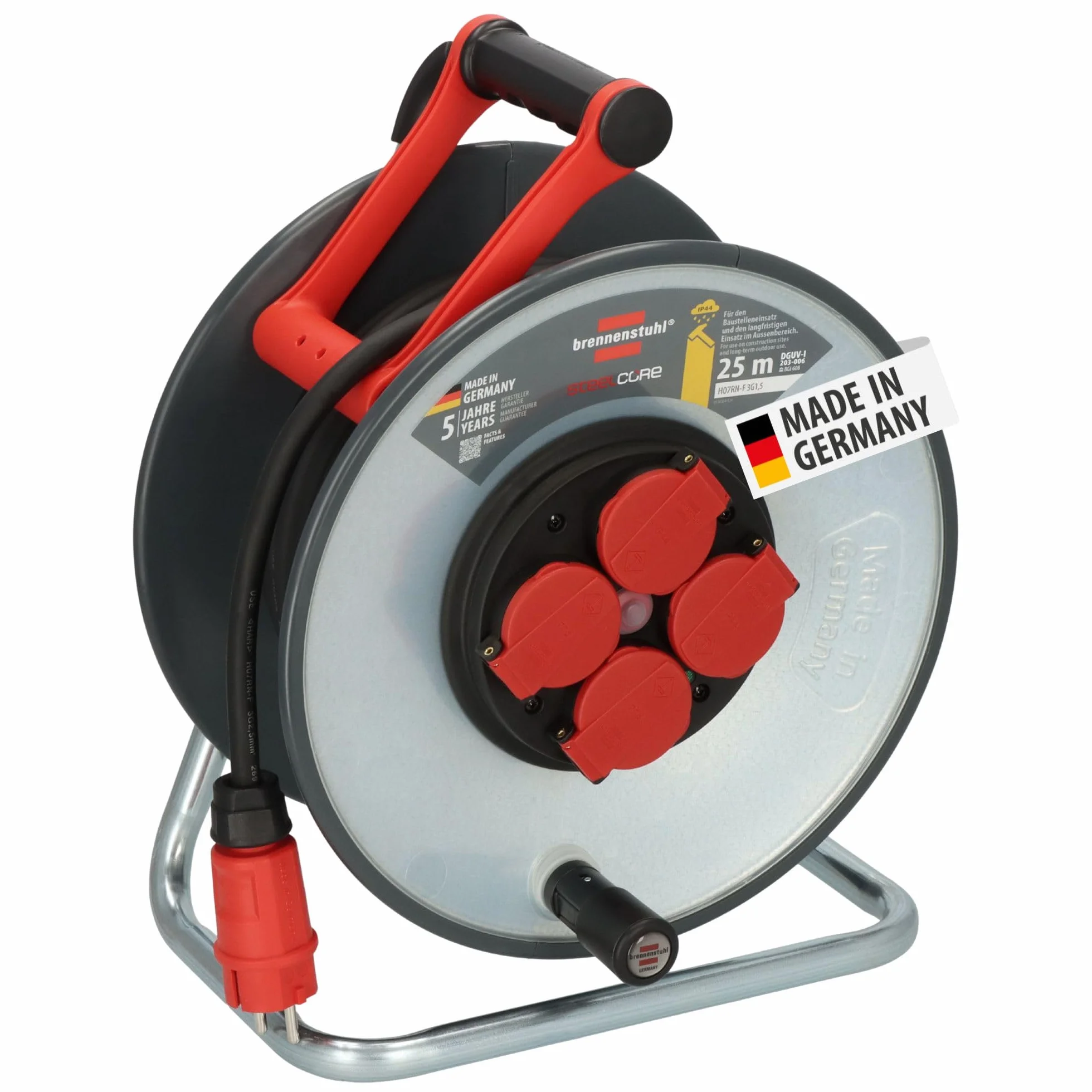 Brennenstuhl Professional SteelCore bęben kablowy SC 2200 IP44 (25 m H07RN-F 3G2,5, korpus bębna z blachy stalowej, zastosowanie na placu budowy i stałe użytkowanie na zewnątrz, Made in Germany)