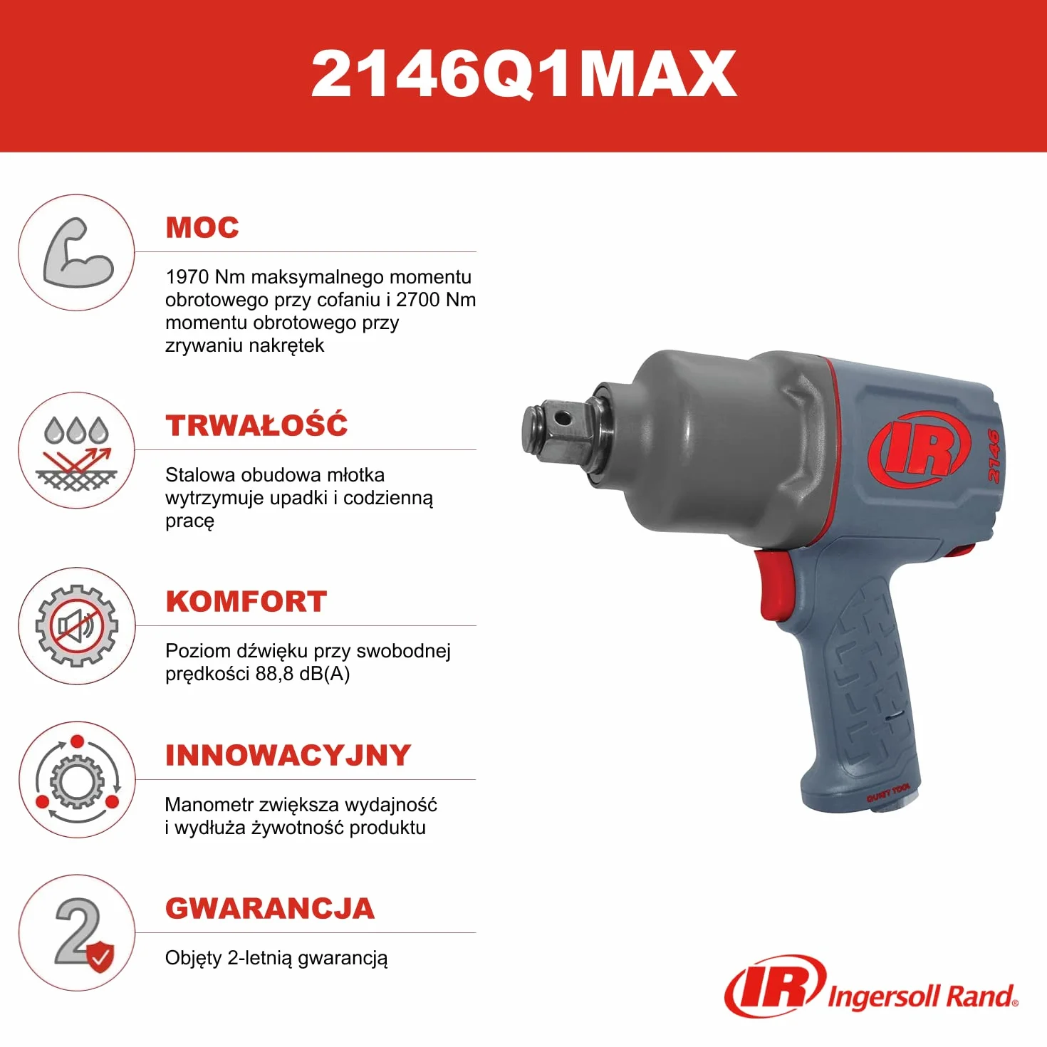 Ingersoll Rand 2146Q1MAX Pneumatyczny klucz udarowy 3/4 cala - moment obrotowy 2700 Nm przy zrywaniu nakrętek, waga 3,5 kg - cicha technologia i optymalna kontrola