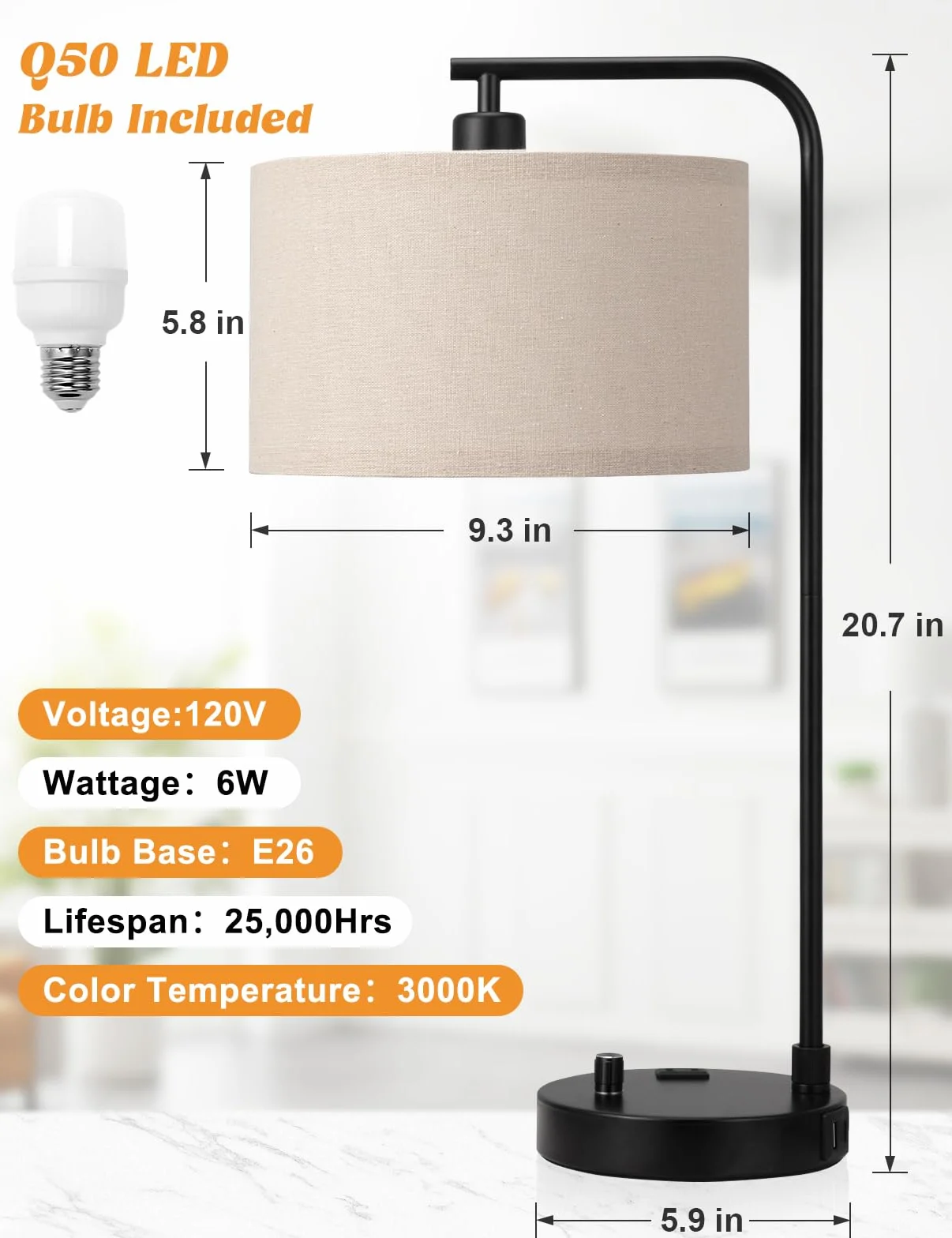 Wysoka lampa stołowa z portem USB i gniazdkiem, ściemniana lampka nocna z lnianym kloszem, lampa biurkowa do sypialni, salonu, pokoju gościnnego, domowego biura, żarówka LED w zestawie