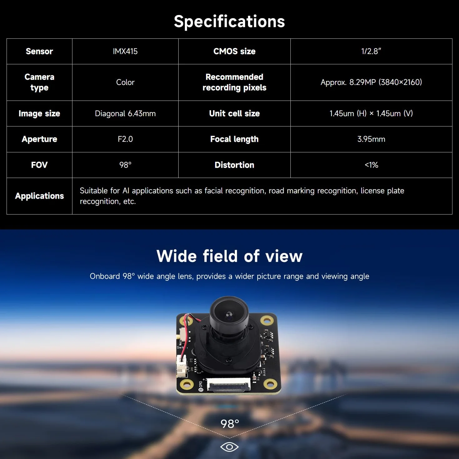 Waveshare IMX415 8MP Camera Module 98° Wide Angle Lens Low Light AI
