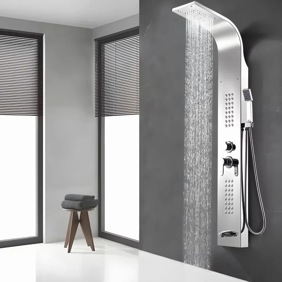 ZOLTA Panel Prysznicowy z Hydromasażem Srebrny – Niklowany Zestaw Prysznicowy z Baterią, Deszczownicą i Kranem, Nowoczesny Panel Natryskowy do Łazienki SPA
