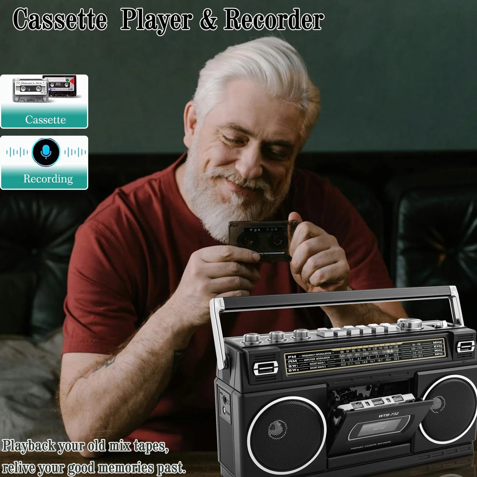 Retro Boombox Bluetooth 24 W z Odtwarzaczem Kasetowym Radio AM/FM/SW USB micro SD