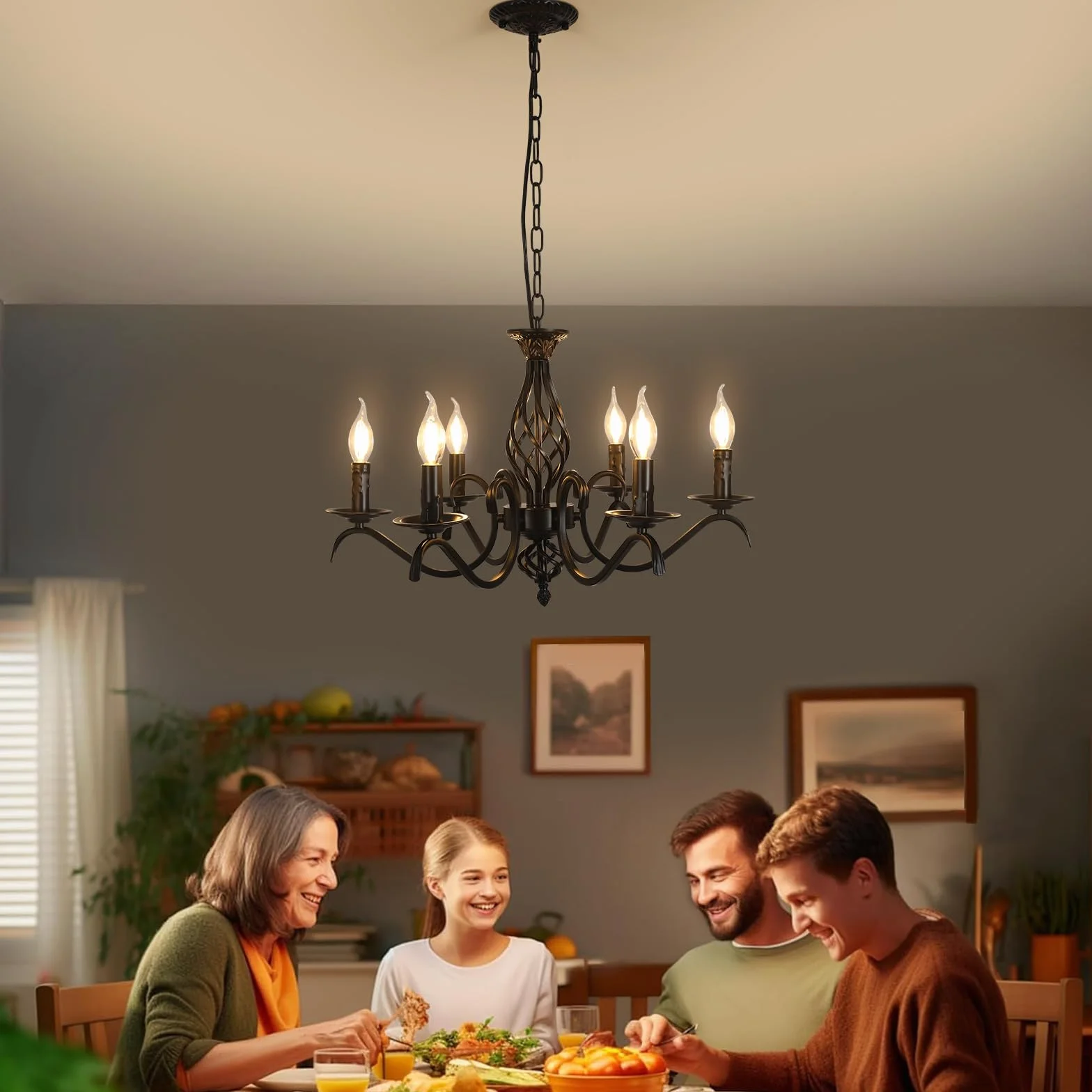 Comely Nowoczesny Żyrandol Salonowy, 6 Głowic Czarna Wisząca Oprawa Vintage E14, Czarna Przemysłowa Metalowa Lampa Sufitowa Do Kuchni Sypialni Jadalni, 60CM