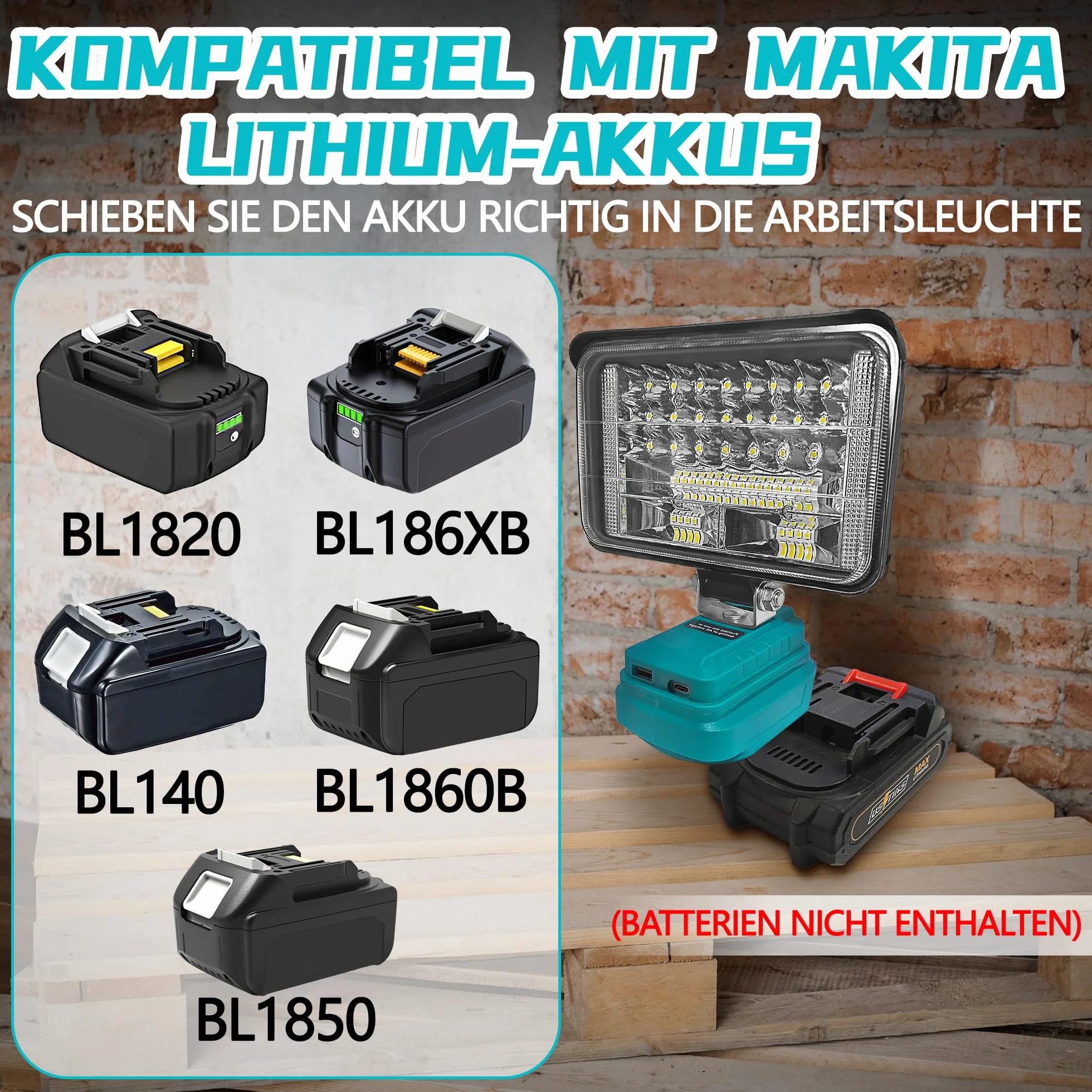 bycpower lampa akumulatorowa do Makita 18 V, 60 W, 5400 lm, bezprzewodowa lampa robocza, 2 tryby pracy LED, reflektor akumulatorowy z 2 ładowaniami USB, przenośny reflektor w sytuacjach awaryjnych, na