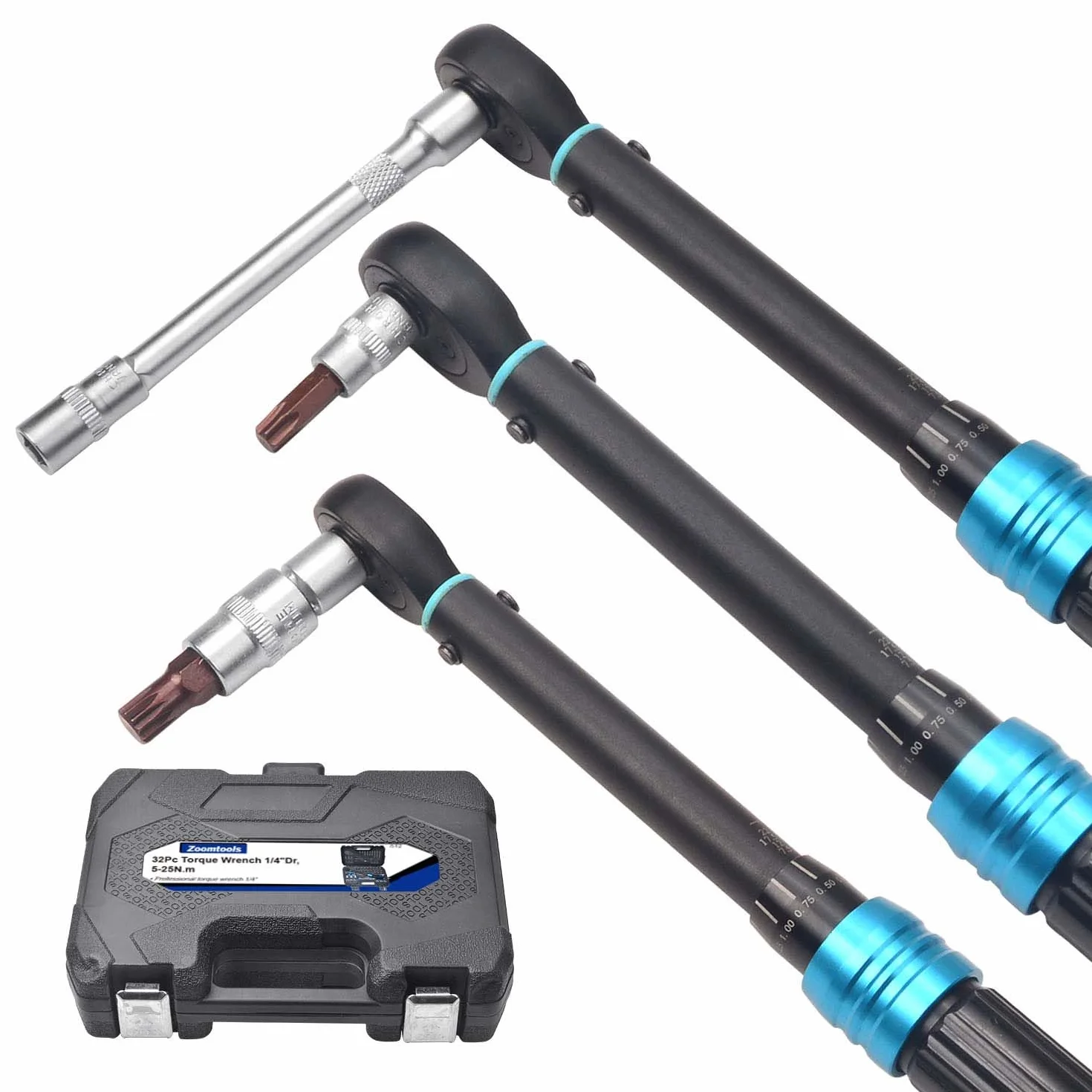 Zestaw 32 kluczy dynamometrycznych z grzechotką 1/4" z regulacją momentu obrotowego 5-25 Nm ±3%, z przedłużką 1 * 4", nasadkami 6-7-8-10-13 mm do samochodów, motocykli, ciężarówek i motocykli