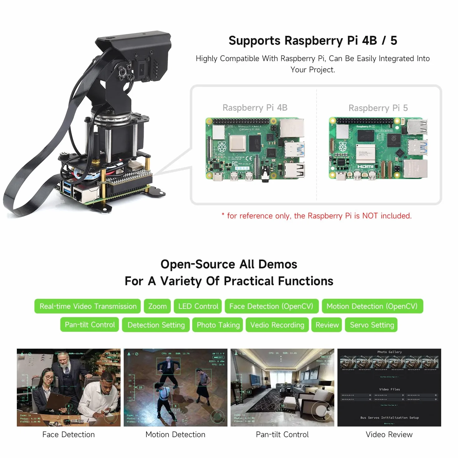 Waveshare 360° Omnidirectional High-Torque 2-Axis Pan-Tilt Camera Module for Raspberry Pi 4B/5