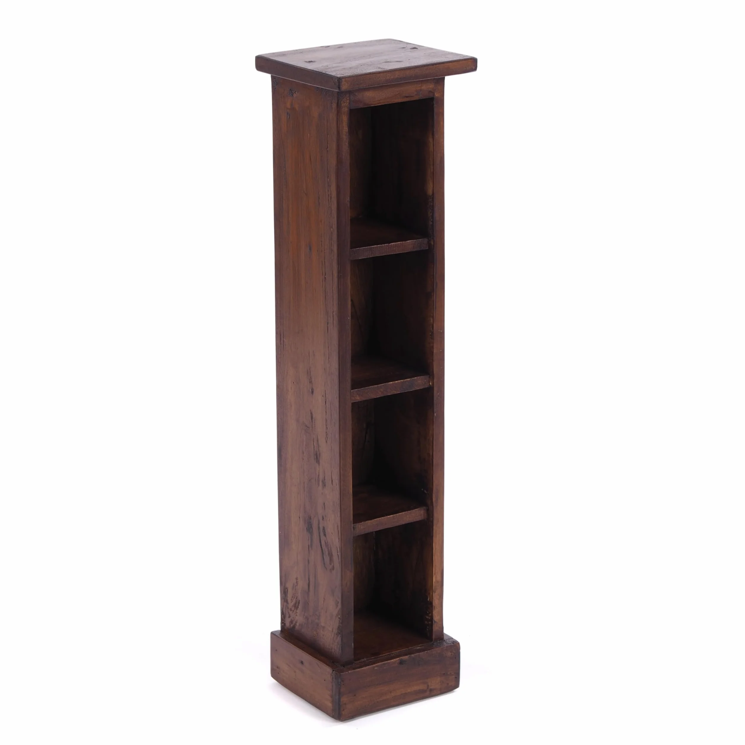 DESIGN DELIGHTS Rustykalny drewniany regał na płyty CD Tower | lite drewno mahoń, 75 x 18 x 14,5 cm (wys. x szer. x gł.) | drewniany regał z 4 półkami, przechowywanie płyt CD | kolor: 02 jasnobrązowy