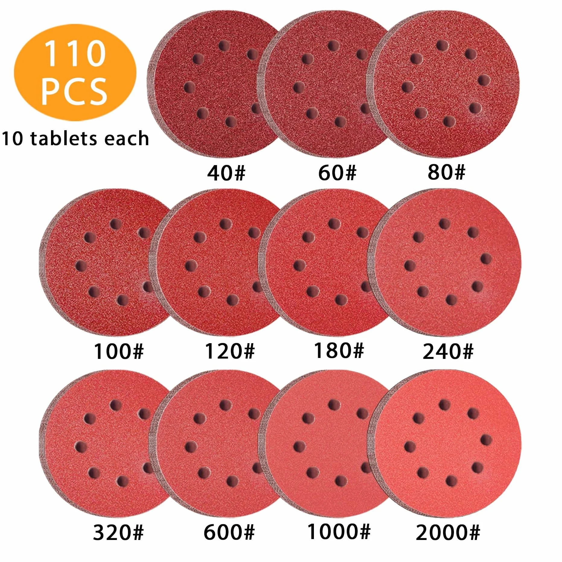 110 sztuk Papier ścierny 125 mm, Krążki ścierne, ziarnistość 40/60/80/100/120/180/240/320/600/1000/2000, mocowane na rzep krążki szlifierskie, 8 otworów okrągłych, do szlifierek mimośrodowych