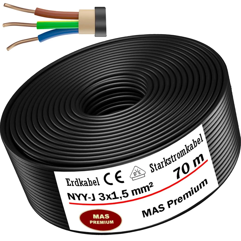 Kabel ziemny, kabel zasilający od 5 m do 170 m NYY-J 3 x 1,5 mm², kabel elektryczny zwój, do układania na wolnym powietrzu, w ziemi (70 m)