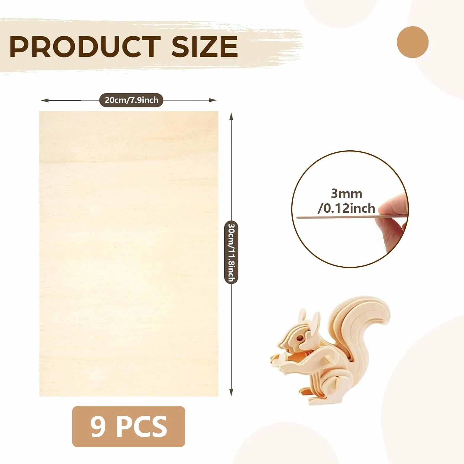 (9 sztuk) Sklejka 3 mm, 300 x 200 mm (+/- 0,5 mm), panel drewniany multipleks, deska drewniana do majsterkowania, deska drewniana Idealny do cięcia laserowego, pirografu i routera CNC