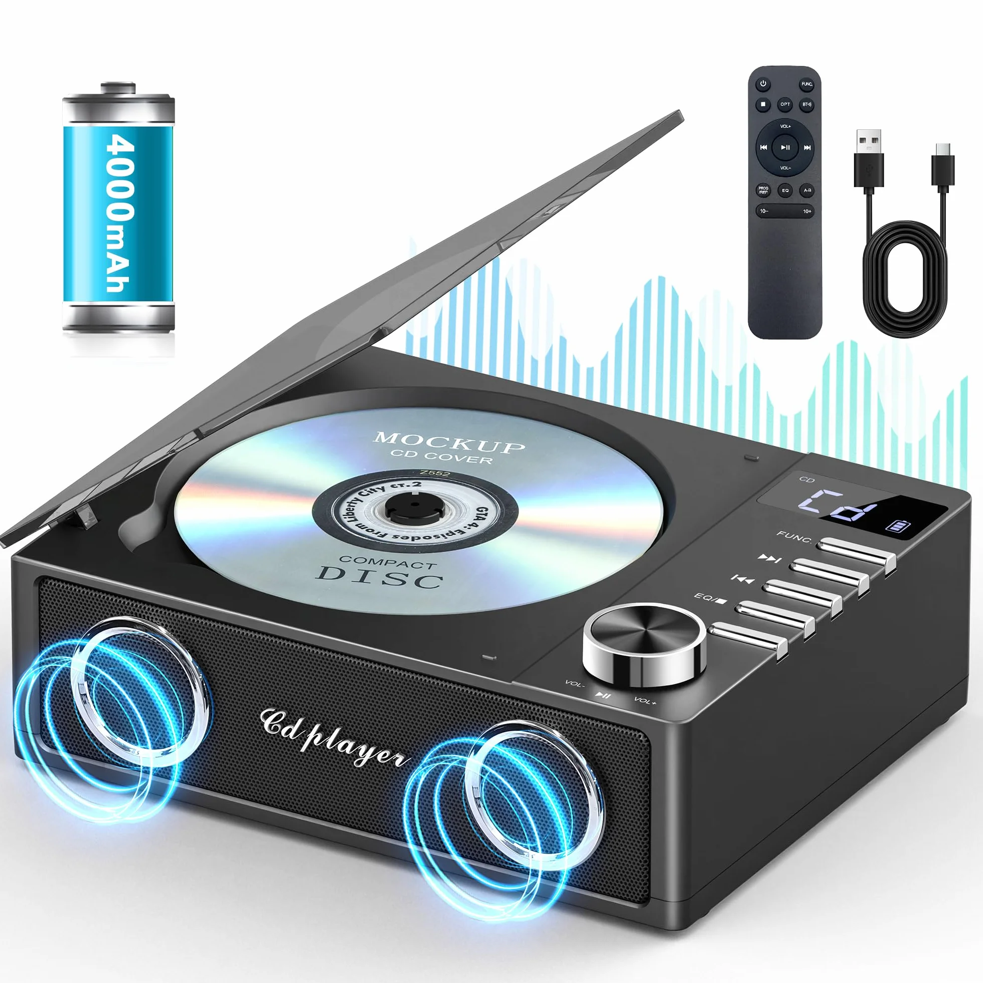 Greadio Przenośny odtwarzacz CD z Bluetooth 5.3, akumulator 4000 mAh, odtwarzacz muzyczny CD z pilotem zdalnego sterowania, podwójne głośniki, wyświetlacz LED, obsługuje USB, kartę TF, AUX do domu
