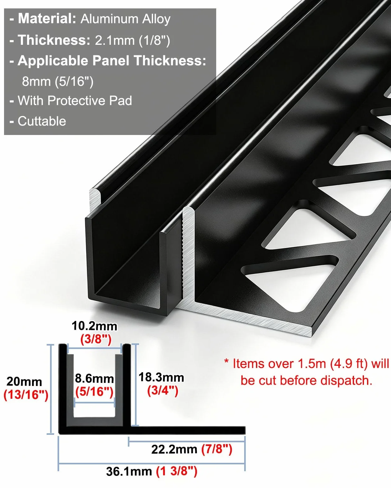 Profil Typu U do Szkła Profil Aluminiowy Typu F do Szkła Bezramowego | Profil Mocujący Krawędź, Szczelina Montażowa Ścianki Działowej w Łazience(Black,L2.6m(8.5ft))