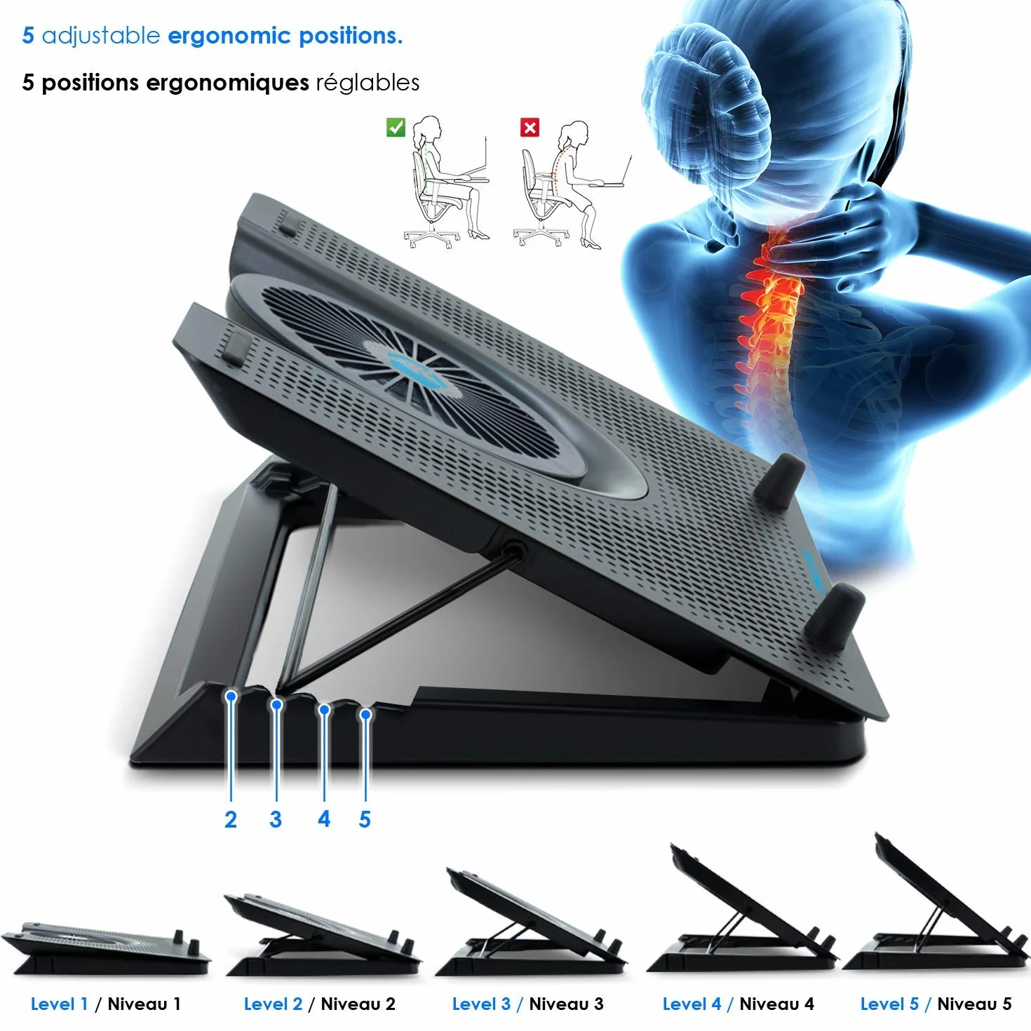 EMPIRE GAMING Turboost aluminium wentylator chłodzący do laptopa 12-17 cali 5 cichych wentylatorów niebieski LED USB