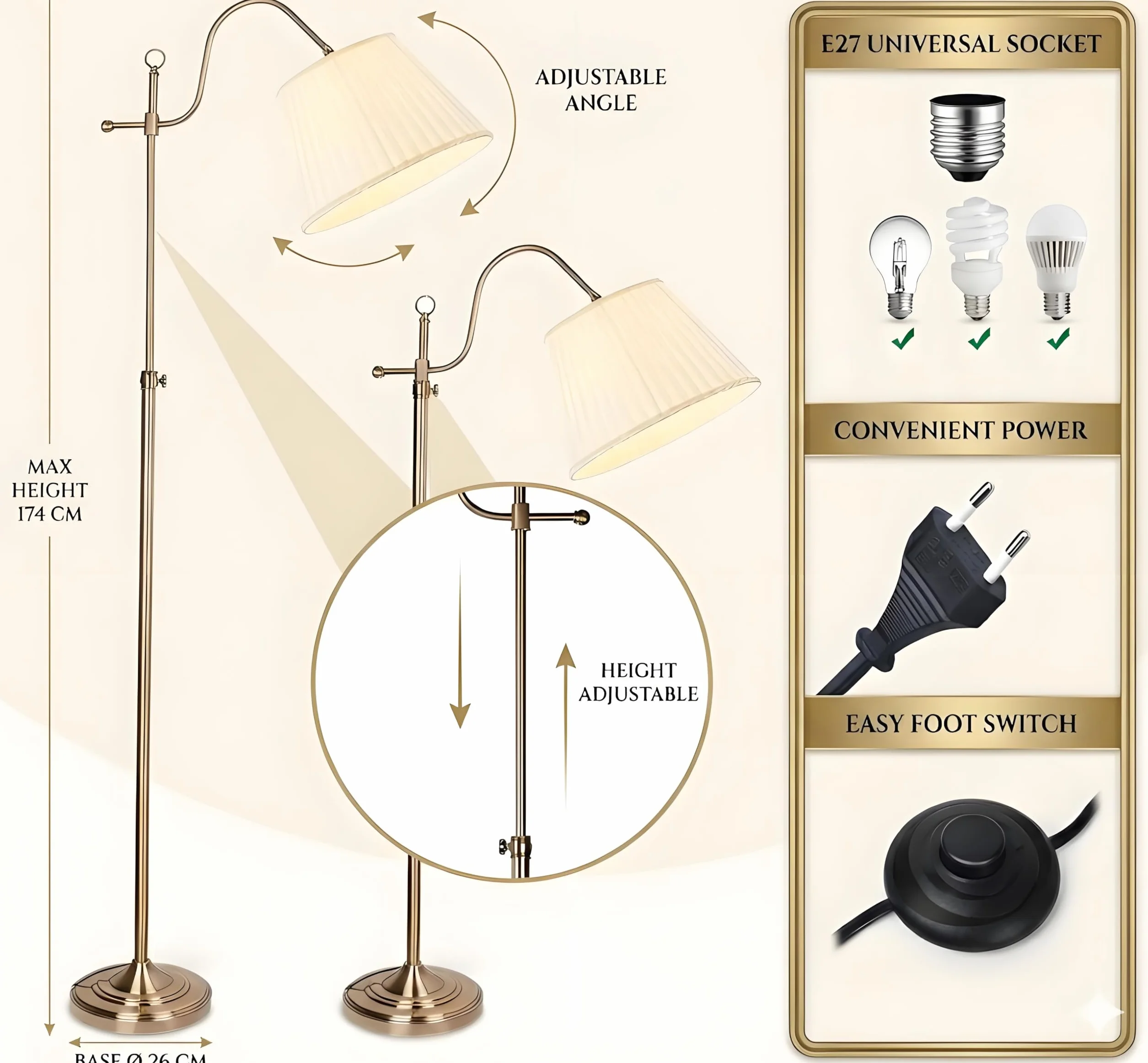 ACHNC Vintage lampa podłogowa LED na stojąco złota - lampka nocna i do czytania do salonu i sypialni - pionowa metalowa E27
