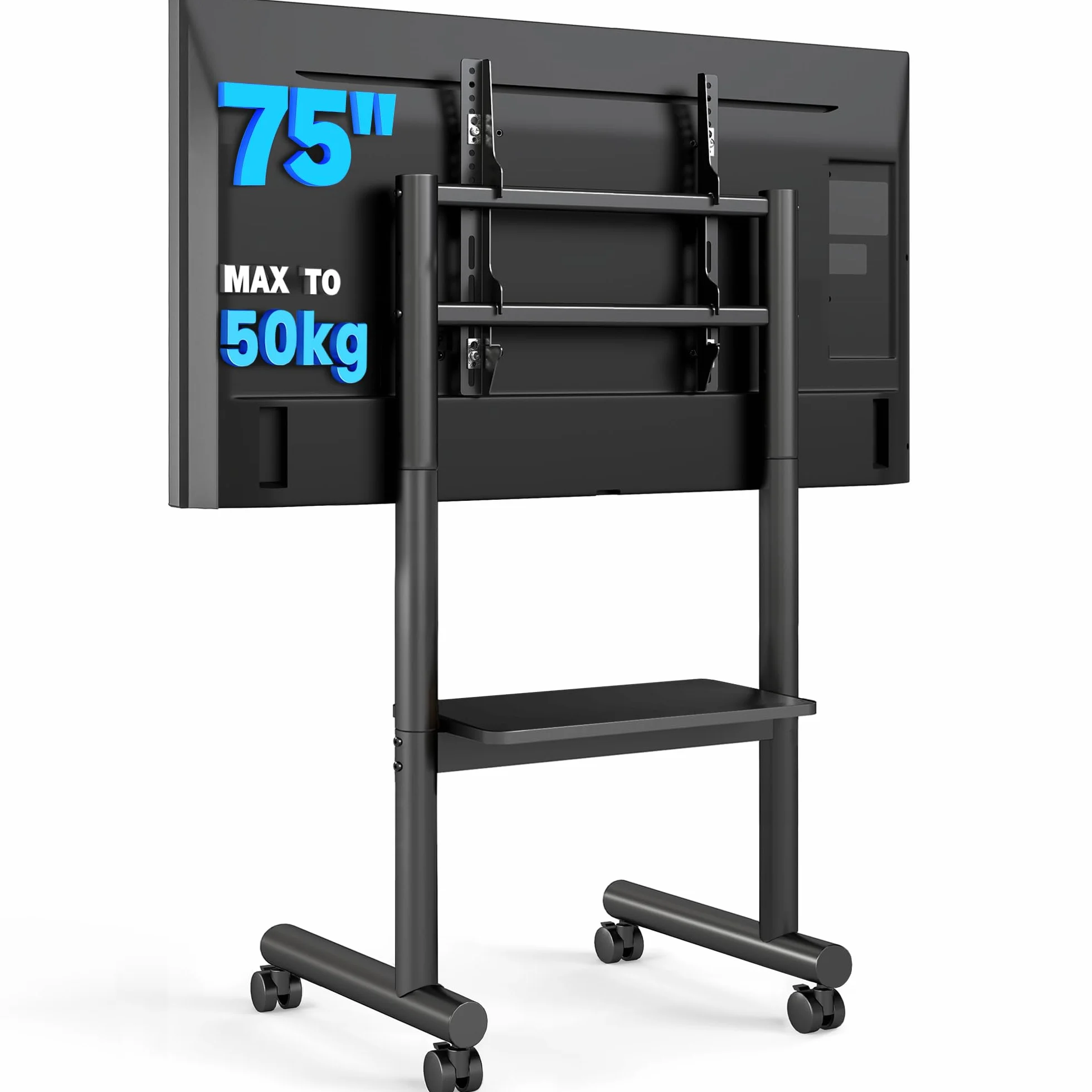 5Rcom Mobilny stojak na telewizor na kółkach – regulowany w wysokości stojak pod telewizor na podłodze dla ekranów płaskich LCD/LED/OLED o przekątnej 32–70 cali, wózek TV z półką do 50 kg