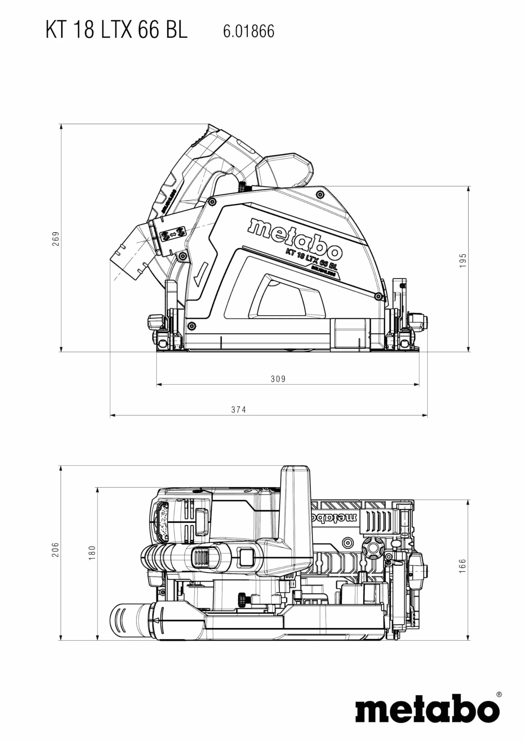 Metabo Akumulatorowa pilarka tarczowa KT 18 LTX 66 BL (bez akumulatora, głębokość cięcia 0-66 mm, średnica brzeszczotu 165 mm, piła tarczowa) 601866840