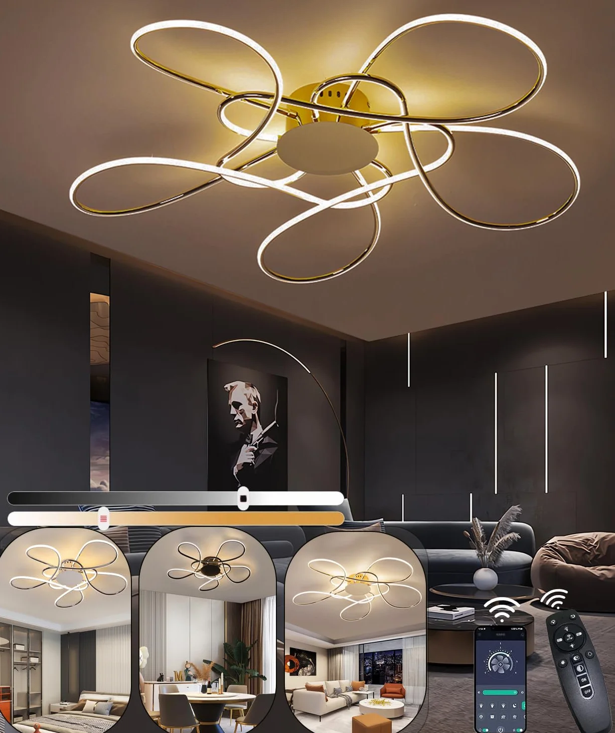 Lampa sufitowa LED do salonu Nowoczesna Prosta reatywna lampa Sufitowa z pilotem zdalnego sterowania Ściemnialne oświetlenie sufitowe Sypialnia Wpuszczane wiszące 3200-6500K (Złoto, Φ90cm)