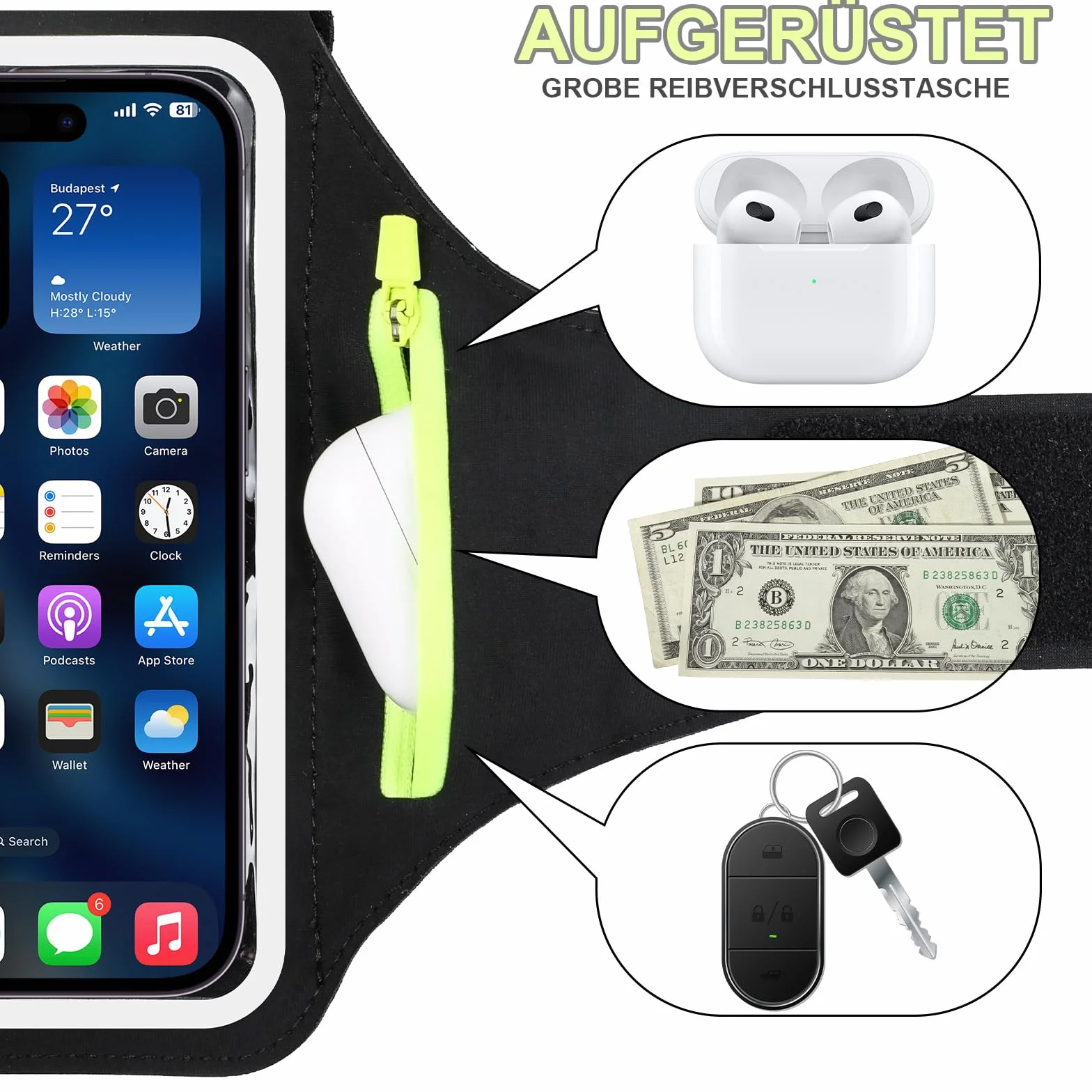 Opaska sportowa z kieszenią na słuchawki, wodoodporna opaska na ramię z uchwytem na telefon, pasuje do iPhone 16/15/14/13 Pro, Galaxy S25/S24/S23, Huawei, Xiaomi, Pixel do 6,8"