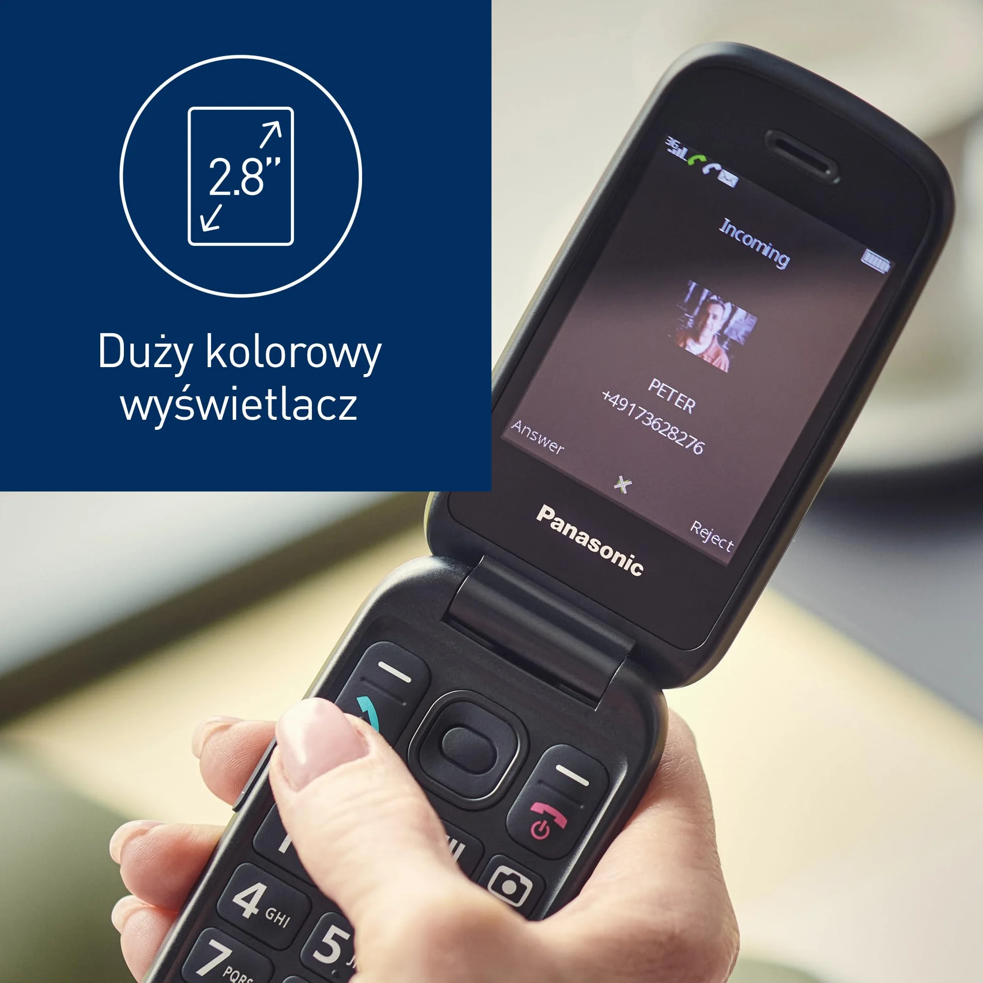 Panasonic KX-TU550 telefon dla seniora z klapką, duży ekran 2,8", aparat 1,2 MP, Clear Voice VoLTE, niebieski