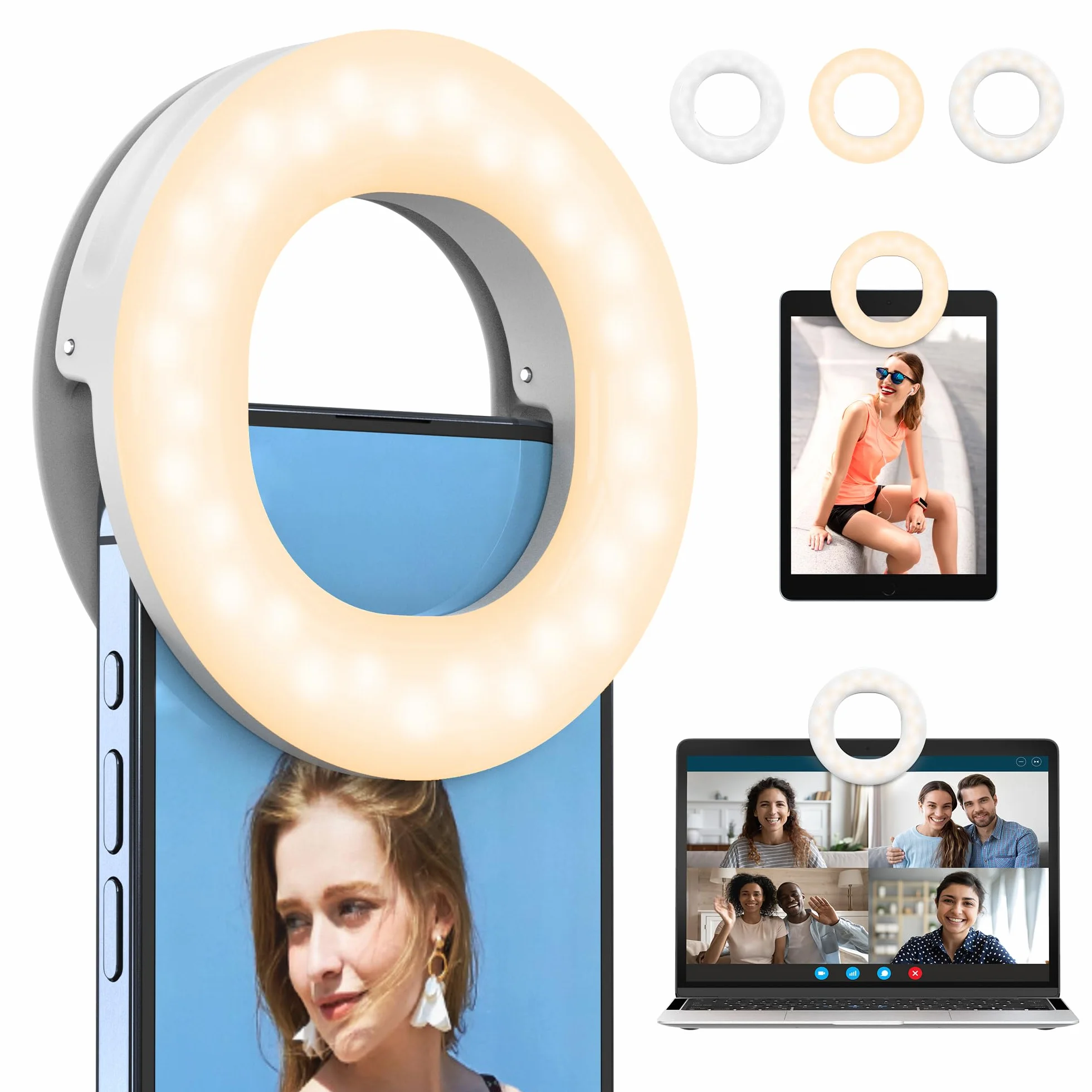 Selfie Ring Light, ładowalna, przypinana, 3-trybowa lampa pierścieniowa 48 LED do selfie, lampa pierścieniowa wideo do tabletów, laptopów, transmisji na żywo, TikTok, makijażu i wideokonferencji