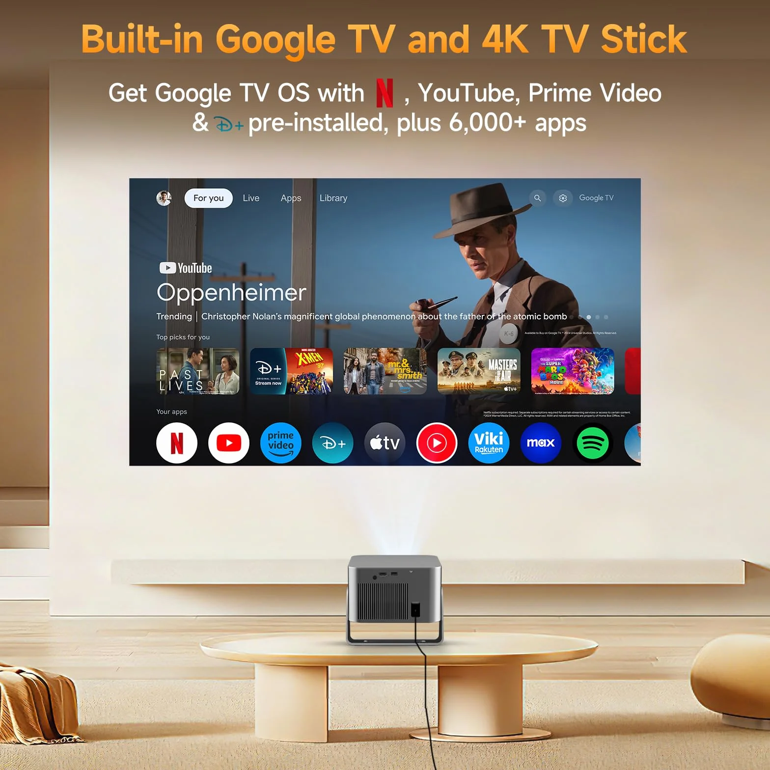 Projektor 4K z Google TV, Full HD 1080p, Bluetooth, WiFi, autofokus, korekcja trapezu, mini projektor kina domowego