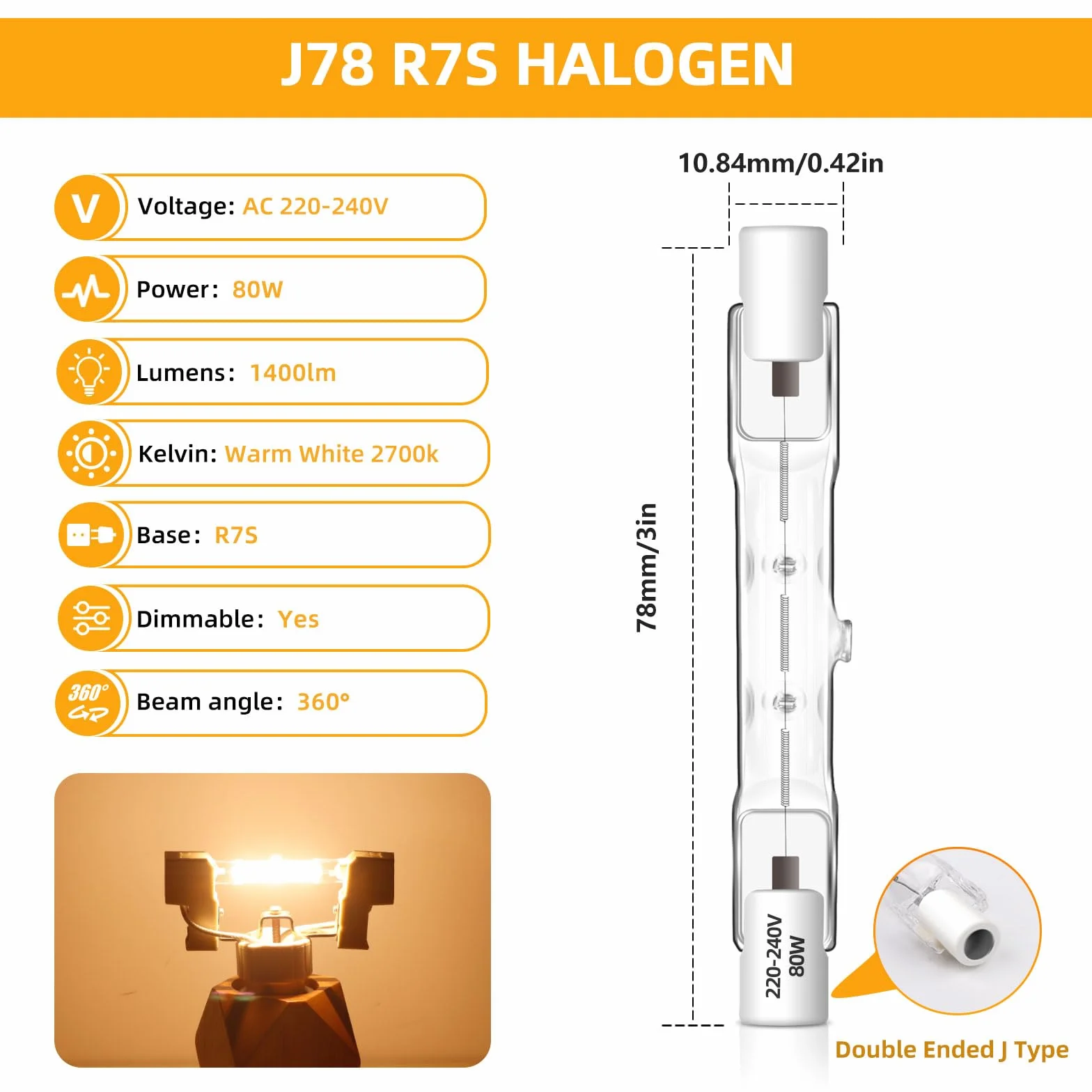 Caldarax Zestaw 2 żarówek halogenowych R7s, 78 mm, 80 W, możliwość ściemniania, J78 Żarówka halogenowa 230 V, 1400 lm 2700 K, ciepła biel, liniowy reflektor Halogenowy do oświetlenia krajobrazu