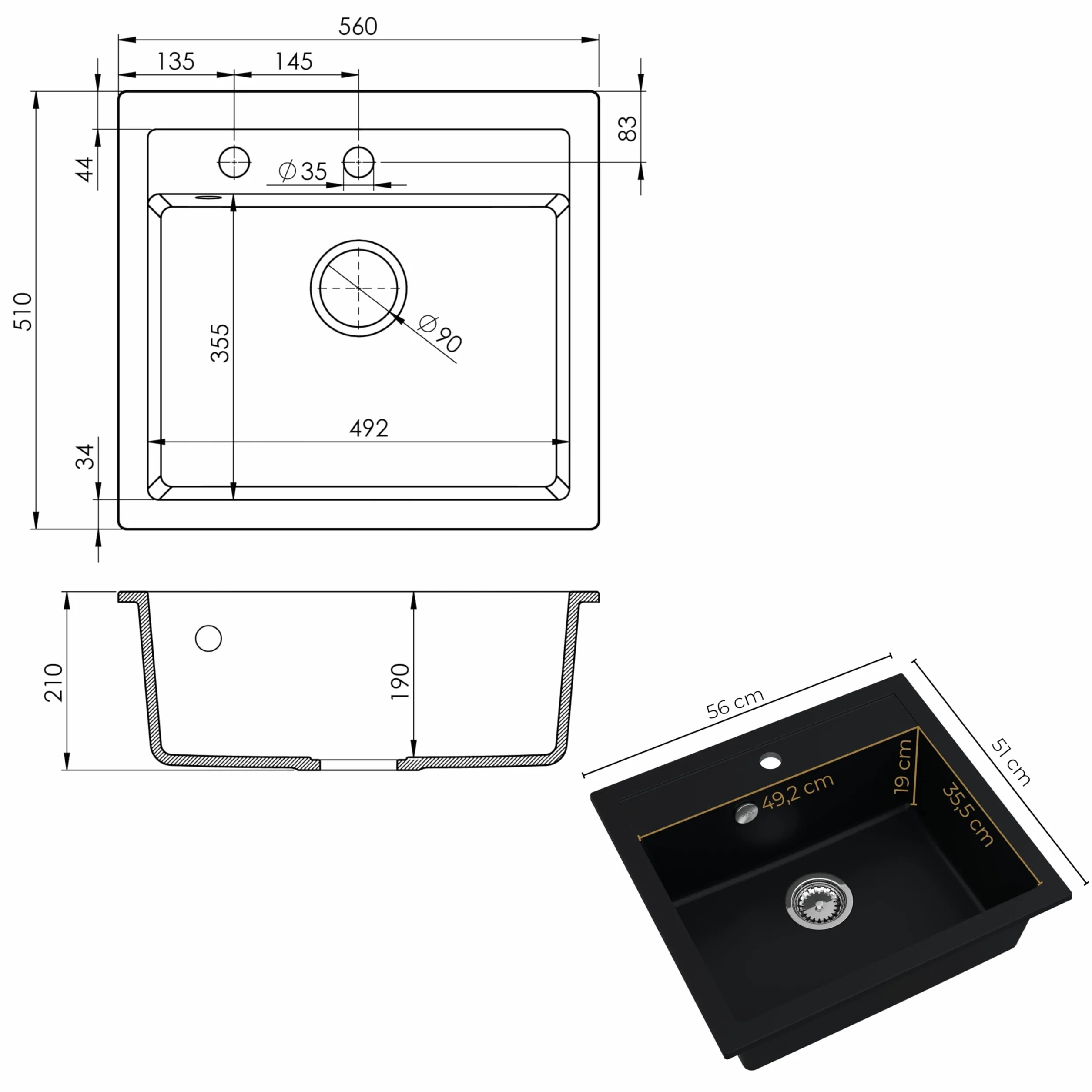 SINK QUALITY zlewozmywak granitowy biały 56 x 51 cm – zlewozmywak granitowy ze złotym syfonem i impregnacją – zlewozmywak do szafek od 60 cm szerokości – pojedynczy zlew do zabudowy – umywalka do