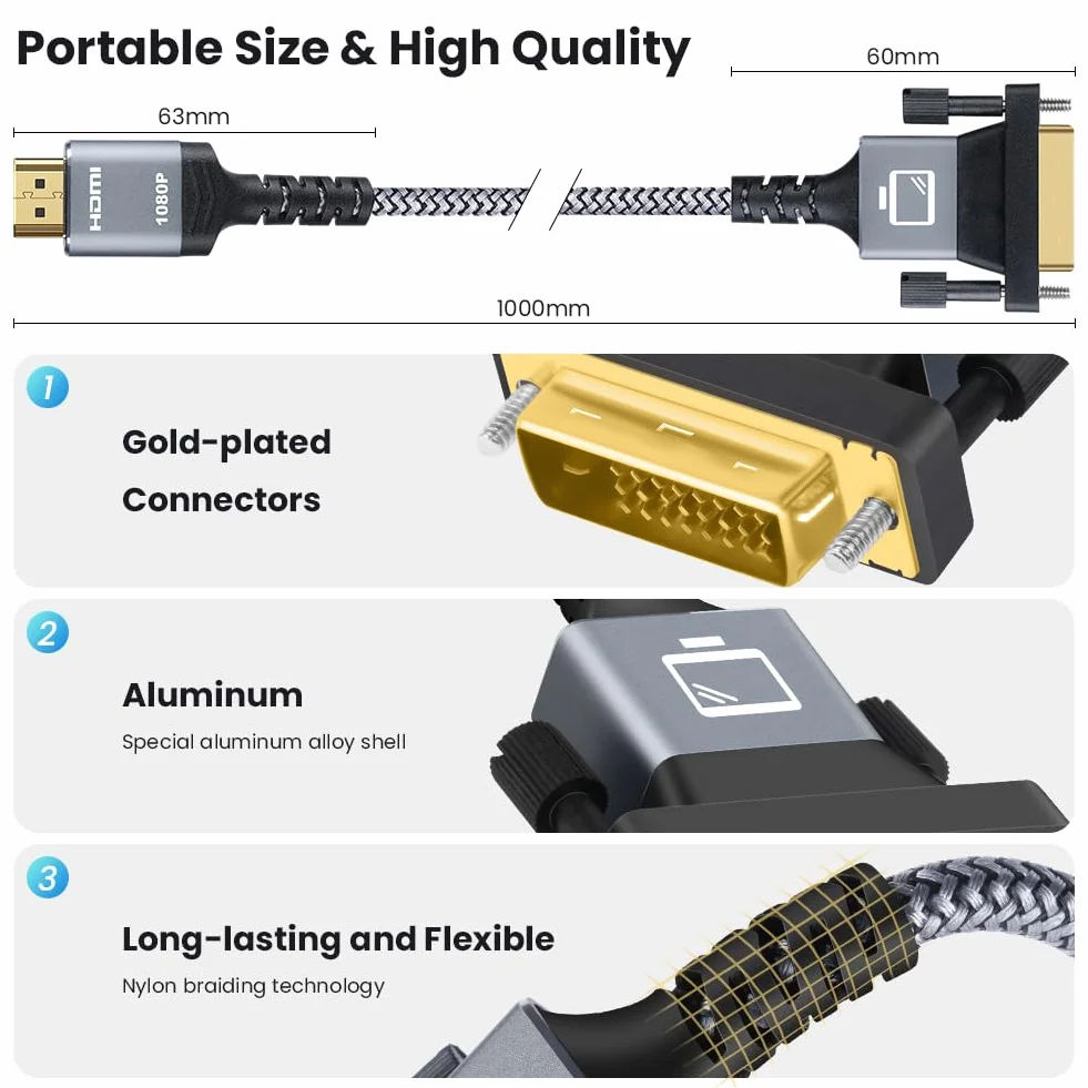 AXFEE Kabel HDMI na DVI dwukierunkowy DVI męski HDMI męski 1080P Full HD do PS4 Raspberry Pi Xbox One Roku