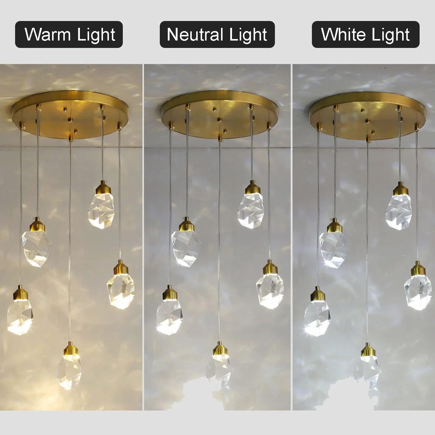 Nowoczesna kryształowa lampa wisząca, 3 kolory LED kryształowa lampa wisząca, regulowana wysokość, złota sufitowa lampa wisząca do wyspy kuchennej, sypialni, jadalni (Złoty, 5-palnikowy)