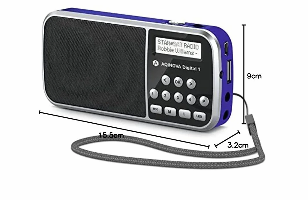 AQINOVA Digital 1 – przenośne radio DAB+/FM (wyświetlacz LCD, pamięć ulubionych, przyciski bezpośredniego wyboru, gniazdo słuchawkowe, USB, AUX-in, latarka LED, wymienny akumulator, 1 W, mała