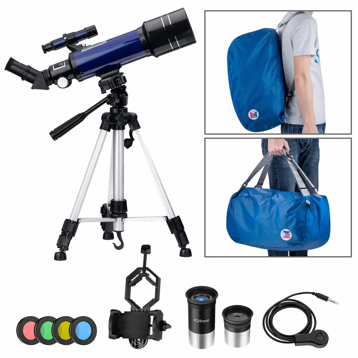 Teleskopy do astronomii, Pro 400-70 mm, refraktor teleskopowy dla początkujących dorosłych i dzieci, z regulowanym statywem, migawką zdjęć, 4 filtrami księżycowymi, uchwytem na adapter do telefonu i plecakiem