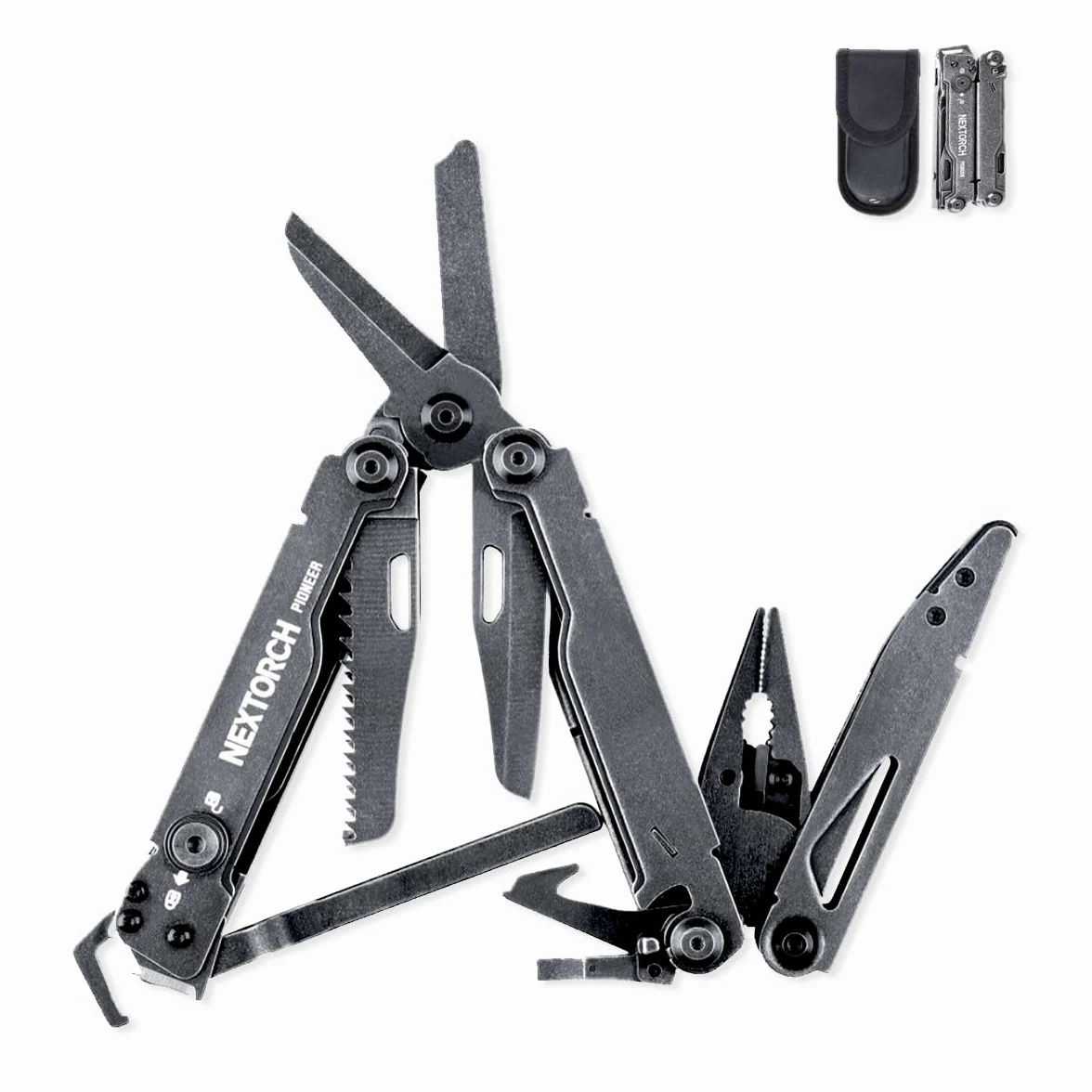 NEXTORCH Pioneer Narzędzie wielofunkcyjne z funkcjami 14 w 1, kieszonkowe, wielofunkcyjne szczypce 60 mm, z przecinakiem do lin, otwieracz do puszek, śrubokręt do użytku na zewnątrz, kemping, nóż