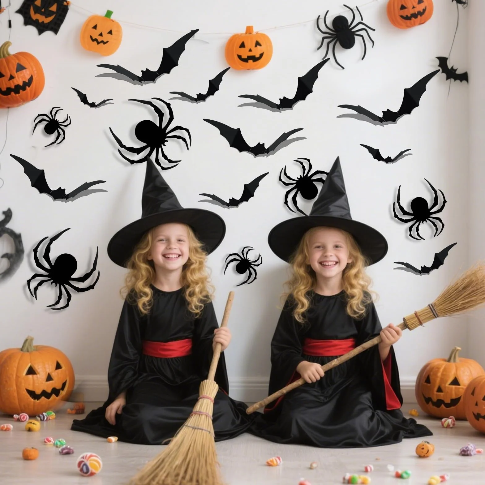 Gucass 48 sztuk dekoracji na Halloween, nietoperze 3D, dekoracja na Halloween, naklejki ścienne PCW, straszna czerń, zdejmowane nietoperze, DIY, dekoracja na Halloween, zestaw dekoracyjny na okno