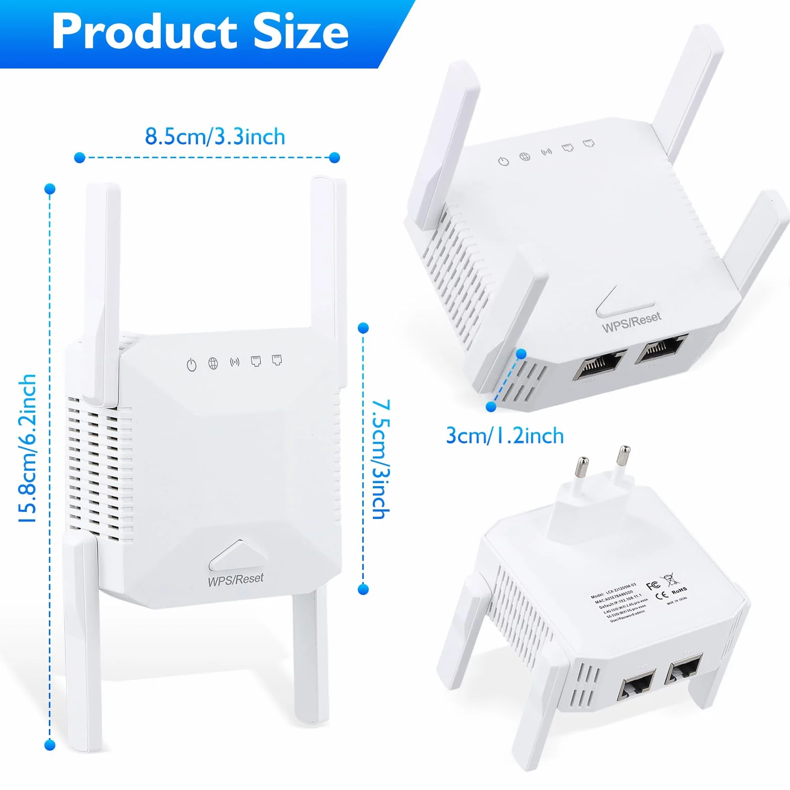 Wzmacniacz WiFi 1200 Mb/s dwuzakresowy 2,4 GHz 5 GHz repeater AP router 4 anteny zewnętrzne port Ethernet
