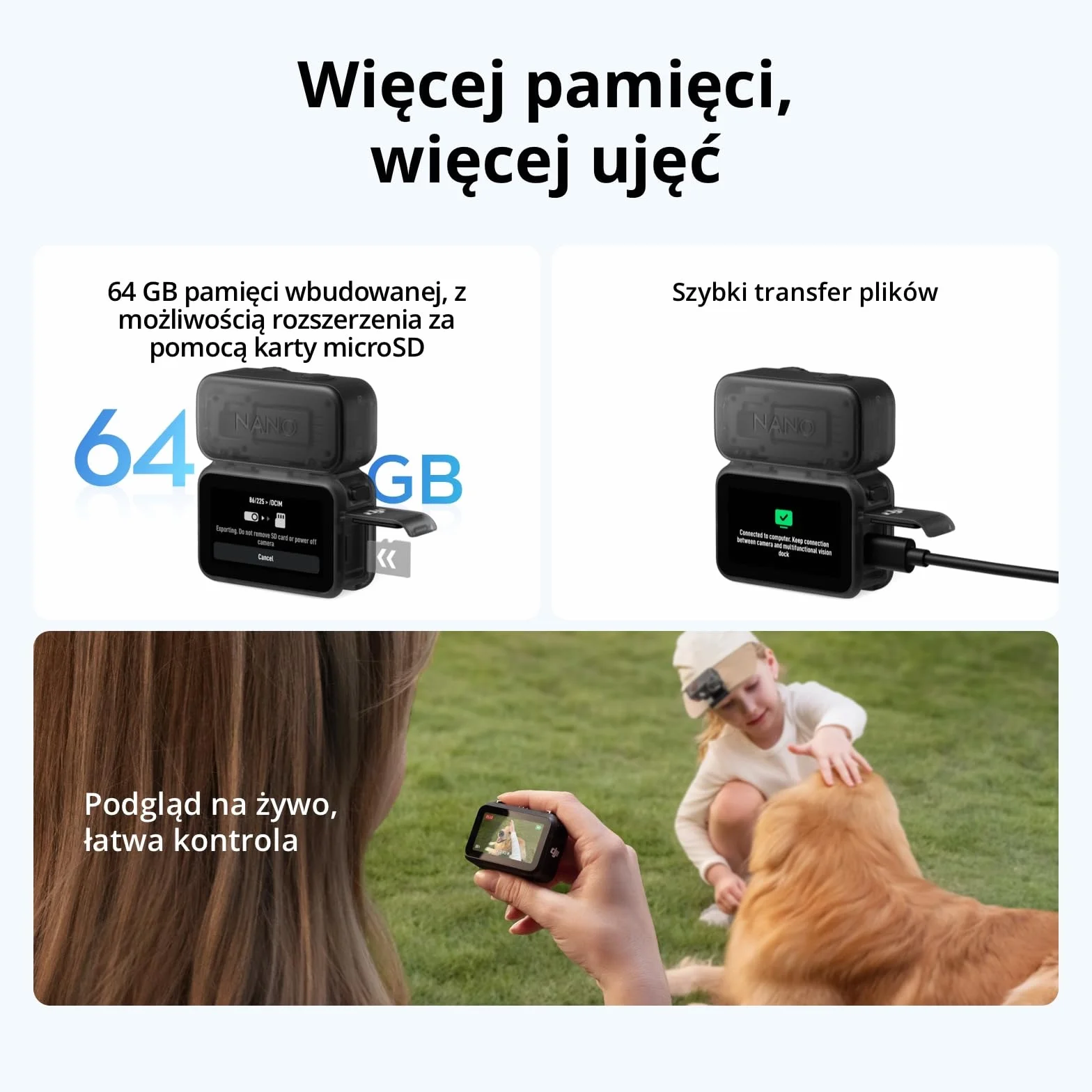 DJI Osmo Nano Standard Combo (64 GB) – mała kamera do tworzenia vlogów o rozdzielczości 4K, nagrywaniem przez 200 minut, szybkim transferem treści, kamerą POV 4K do sportów i tworzenia vlogów