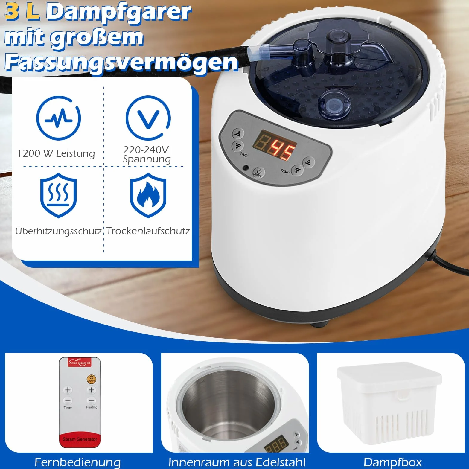 COSTWAY Sauna parowa 3 l, 1200 W, namiot do sauny z 15-stopniową regulacją temperatury, pilot zdalnego sterowania, timer, składane krzesło i mata, przenośna sauna domowa (88 x 88 x 179 cm, czarna)