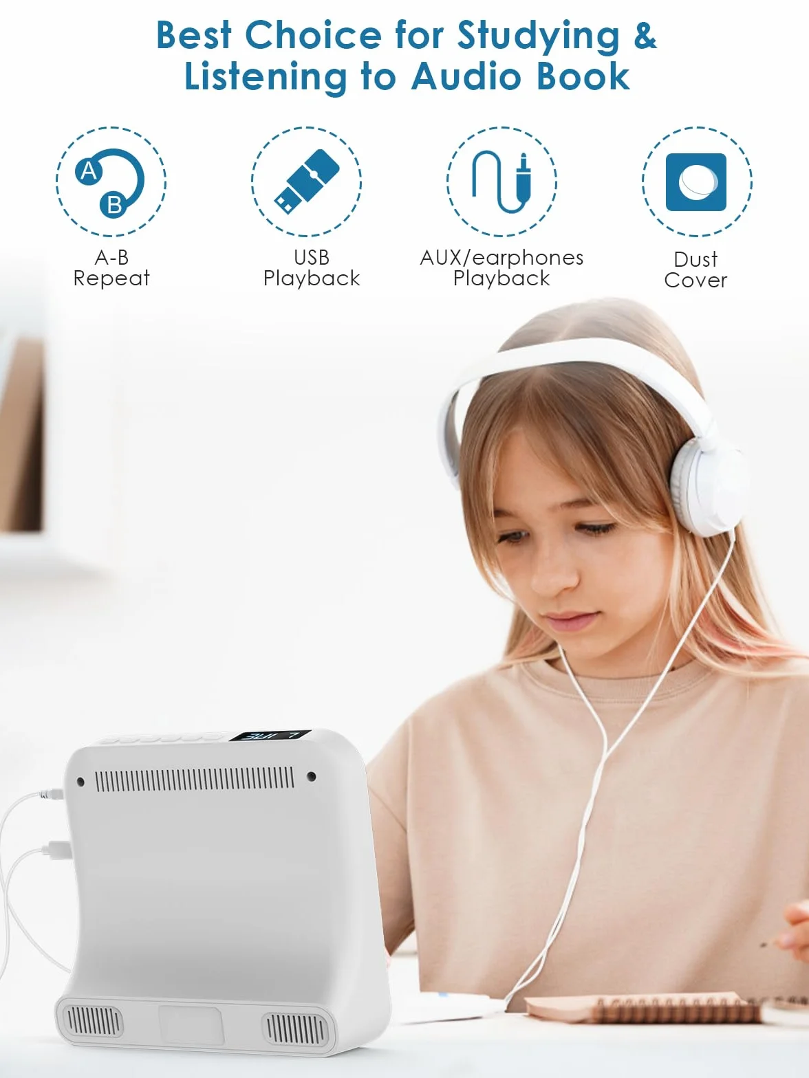 Gueray Odtwarzacz CD Bluetooth stacjonarny z radiem FM, USB-C, głośnikami HiFi i wyświetlaczem LCD