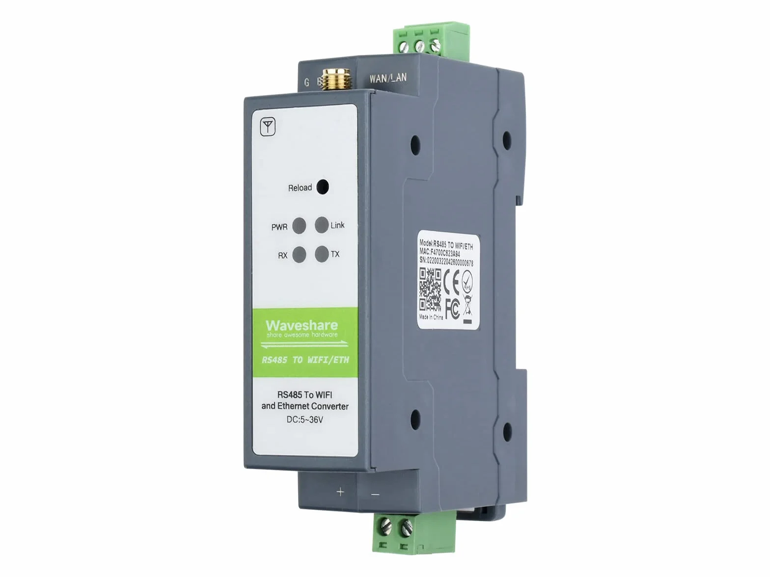 Waveshare RS485 WiFi Ethernet Module Rail-Mount Serial Server Modbus MQTT Gateway