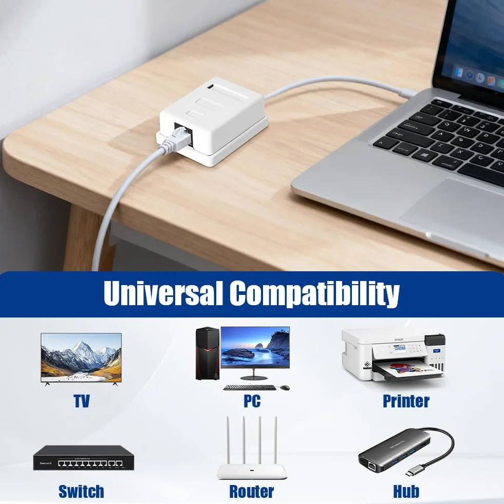 CAT 6A gniazdo sieciowe natynkowe, 2 sztuki, 1 port RJ45, ekranowane gniazdo przyłączeniowe 10 Gbit/s Ethernet sieć LAN gniazdko do ściany, biura, domu, przemysłu