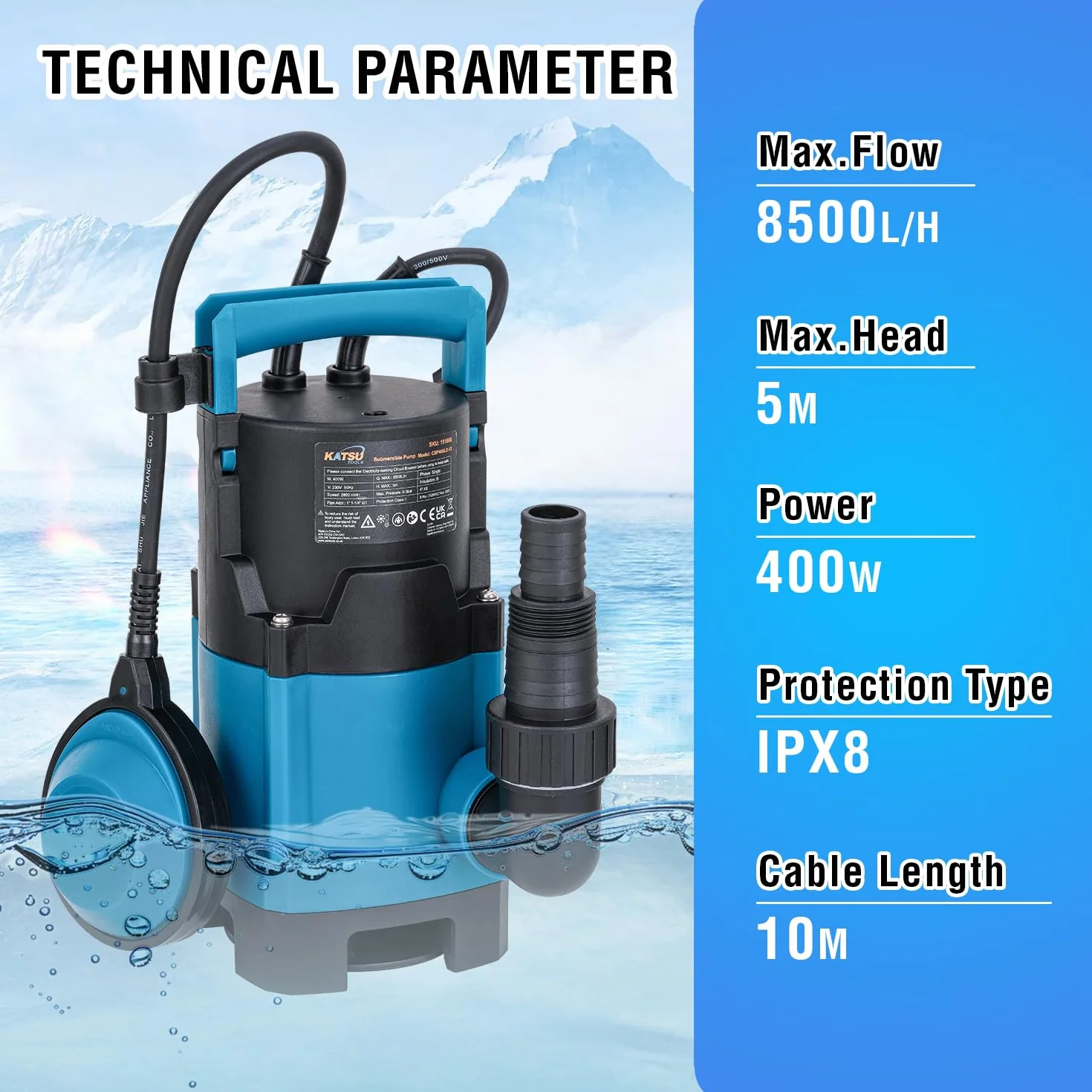KATSU Przenośna pompa zanurzeniowa 400 W do czystej i brudnej wody, 10 000 l/h do stawu ogrodowego, basenów, rowów + przełącznik pływakowy + wymienna podstawa