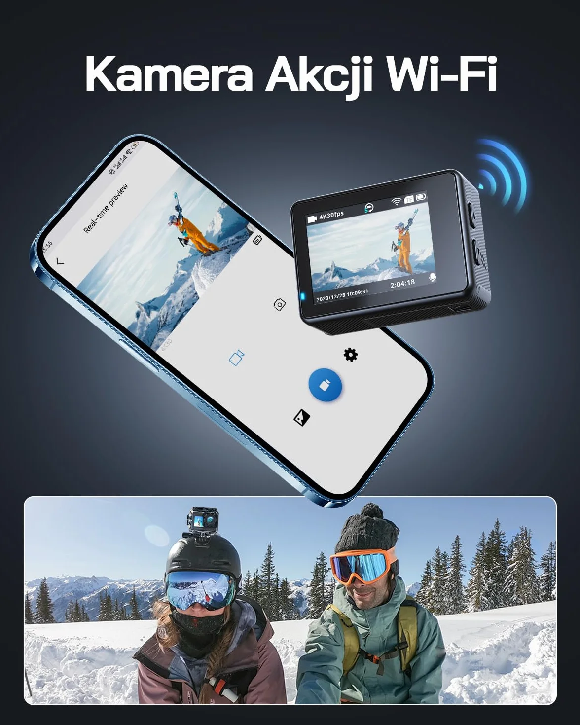WOLFANG GA120 4K kamera sportowa 20 MP wodoodporna 40 m szerokokątna WiFi 170° z EIS