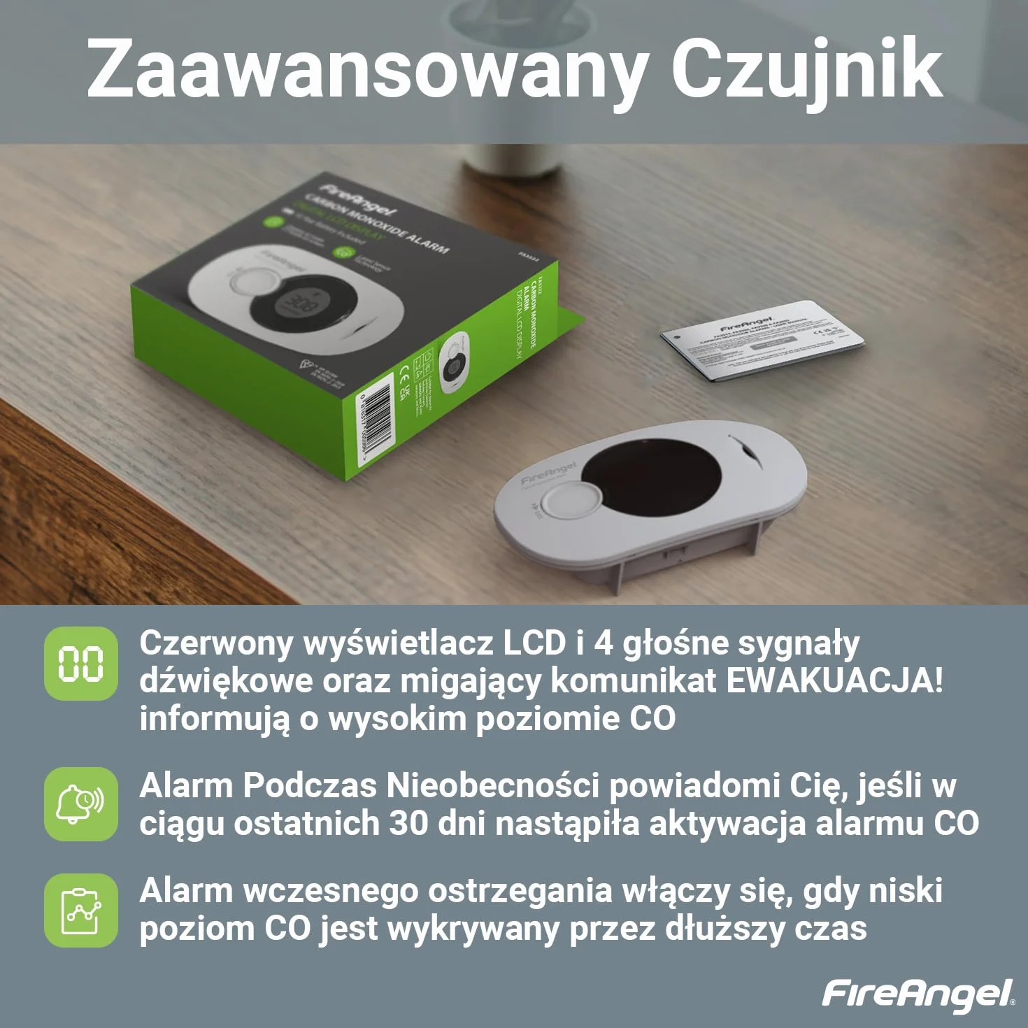 Fire Angel FA3322 Cyfrowy Czujnik Czadu - Czujnik Wilgotności, Baterią na 10 Lat – Przenośna Czujka Czadu i Detektor Ciepła do Domu i w Podróży