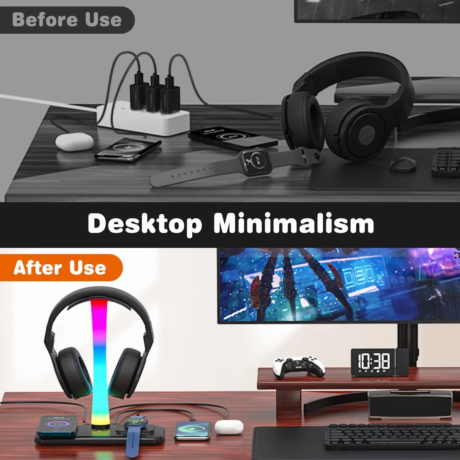 Stojak 3 w 1 RGB Uchwyt na Słuchawki Gamingowe z Ładowarką 15 W i 9 Trybami Świecenia