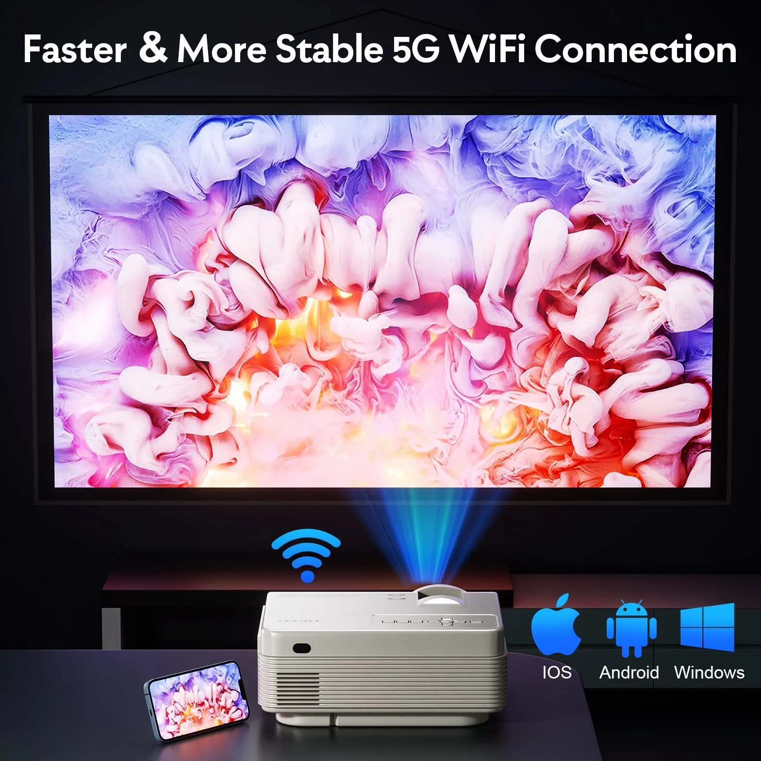 Projektor YEZMEK 5G WiFi Bluetooth Native 1080P Full HD, mini projektor LED 4K, projektor kina domowego, kompatybilny z telewizorem, smartfonem i tabletem, laptopem, HDMI, USB, TF.